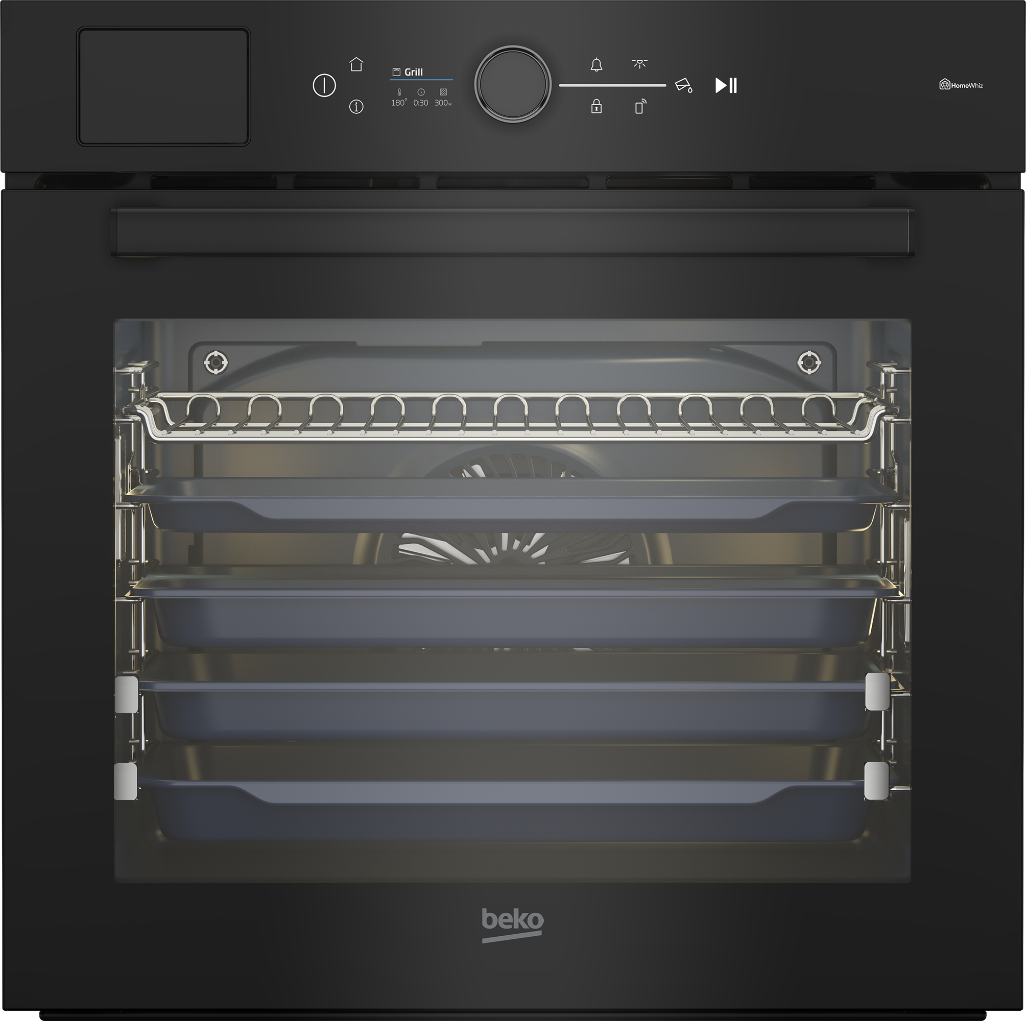 Czarny piekarnik do zabudowy ze szklanymi drzwiami. Wewnątrz kilka tacek i rusztów. Panel sterowania na górze.