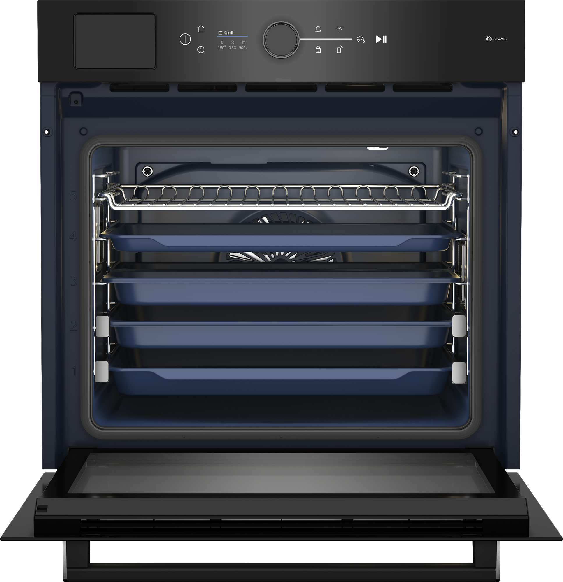 Otwarty piekarnik z niebieskim wnętrzem i tacami. Drzwi piekarnika są otwarte. Czarny wygląd z elementami sterującymi.