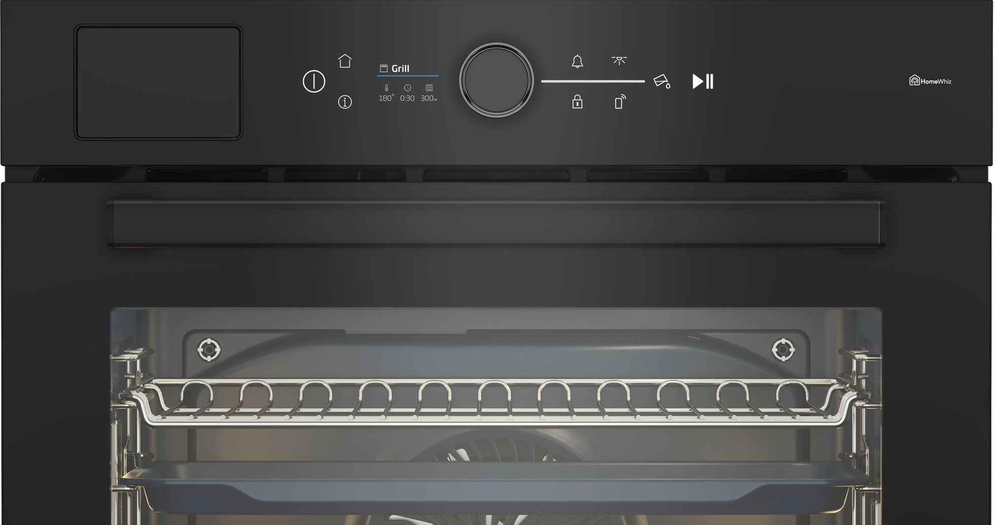 Czarny piekarnik z panelem sterowania, ikonami i wewnętrznym rusztem. Widoczny grill i inne funkcje. Piekarnik jest czysty i nowoczesny.