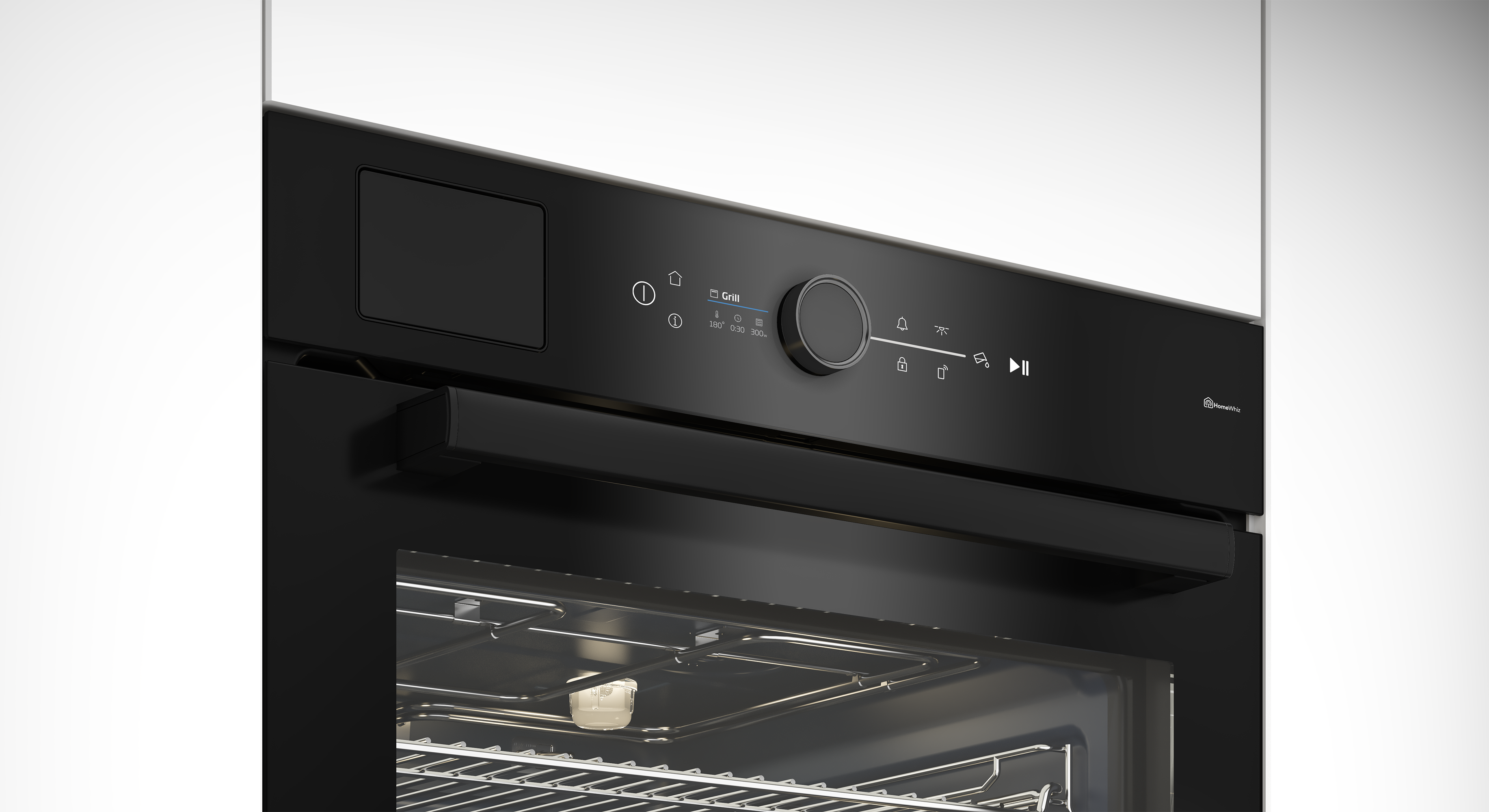 Czarny panel sterowania piekarnika z pokrętłem i ikonami. Funkcja grilla i wyświetlacz wewnątrz. Widoczne ruszty ze stali nierdzewnej.