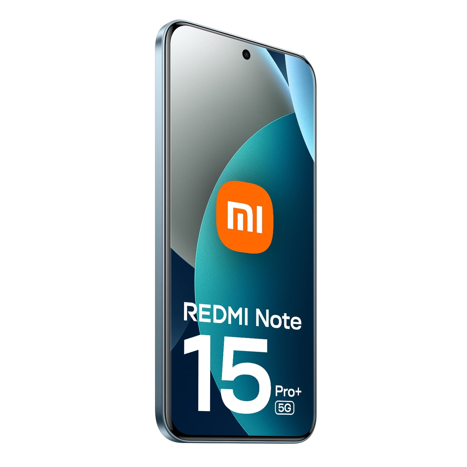Uno smartphone Redmi Note 15 Pro+ 5G. Lo schermo mostra il logo Xiaomi e il telefono è color verde acqua con cornice argentata.