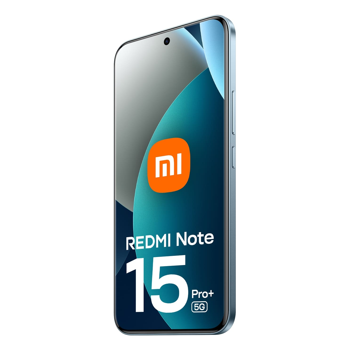 Uno smartphone con schermo che mostra una grafica verde acqua e il logo Redmi Note 15 Pro+. Il telefono ha una cornice argentata.
