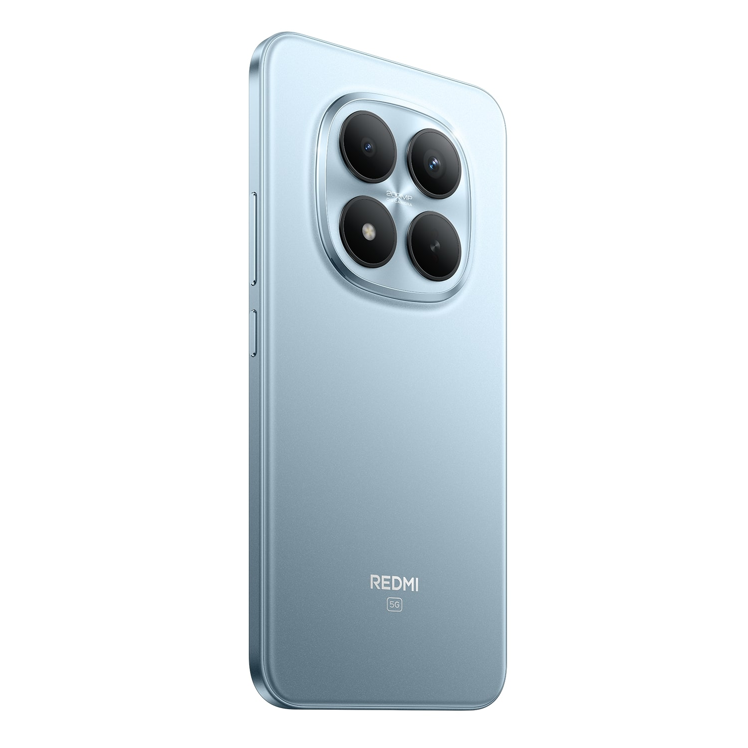 Un telefono Redmi blu chiaro con quattro fotocamere posteriori. Il telefono ha il logo Redmi e 5G in basso. Lo sfondo è bianco.