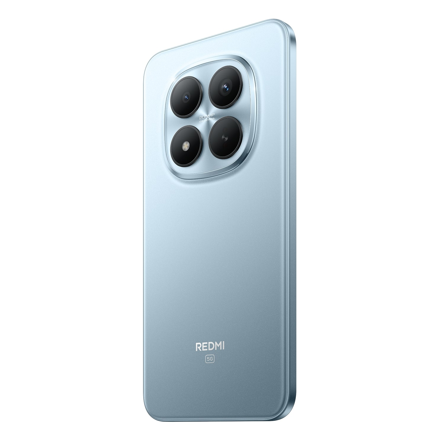 Smartphone azzurro, vista posteriore, con quattro obiettivi e alloggiamento circolare. Logo Redmi e 5G visibili.