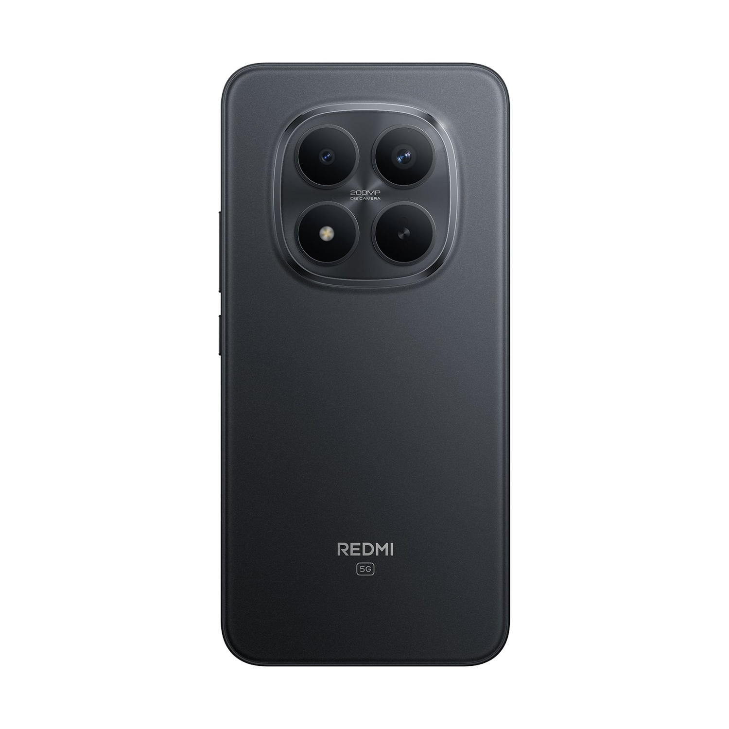 Retro di smartphone nero con quattro fotocamere. Il marchio è Redmi 5G. Il telefono è su sfondo bianco.
