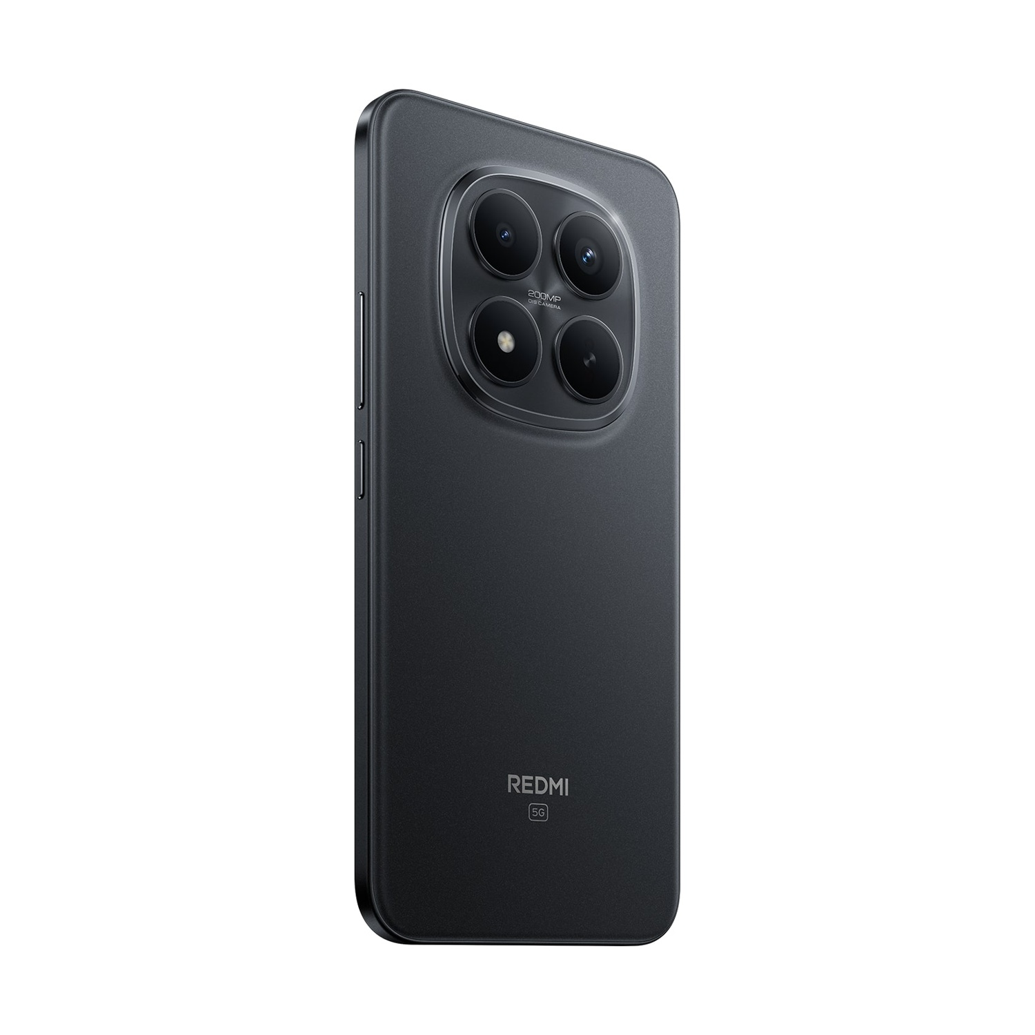 Uno smartphone nero, vista posteriore, con quattro fotocamere posteriori e il logo Redmi 5G. Il telefono è su sfondo bianco.