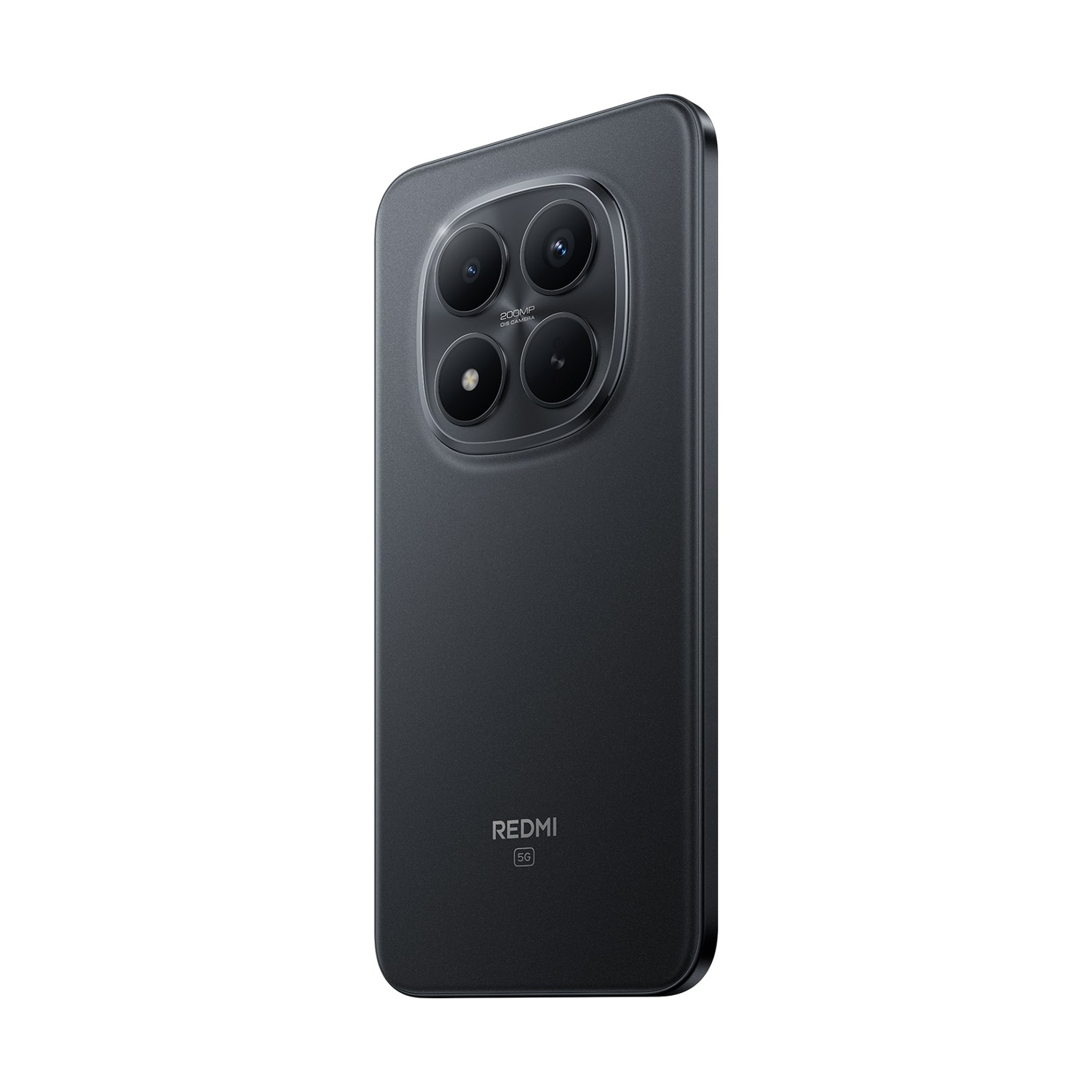 Retro del telefono Redmi 5G nero. Sono visibili quattro obiettivi della fotocamera. Il telefono è angolato, mostrando il lato. Sfondo bianco.
