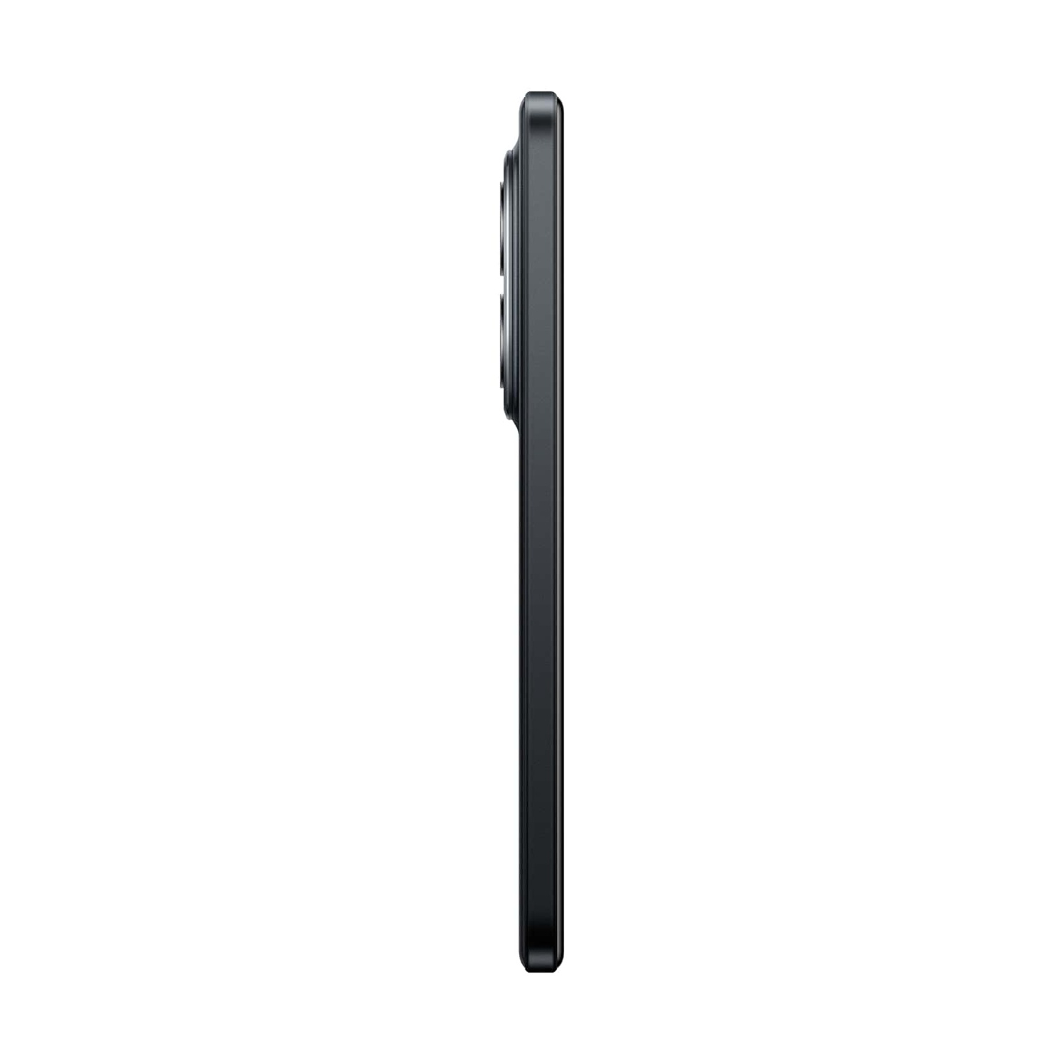 Vista laterale di uno smartphone nero. La protuberanza della fotocamera è visibile in alto. Lo sfondo è bianco.