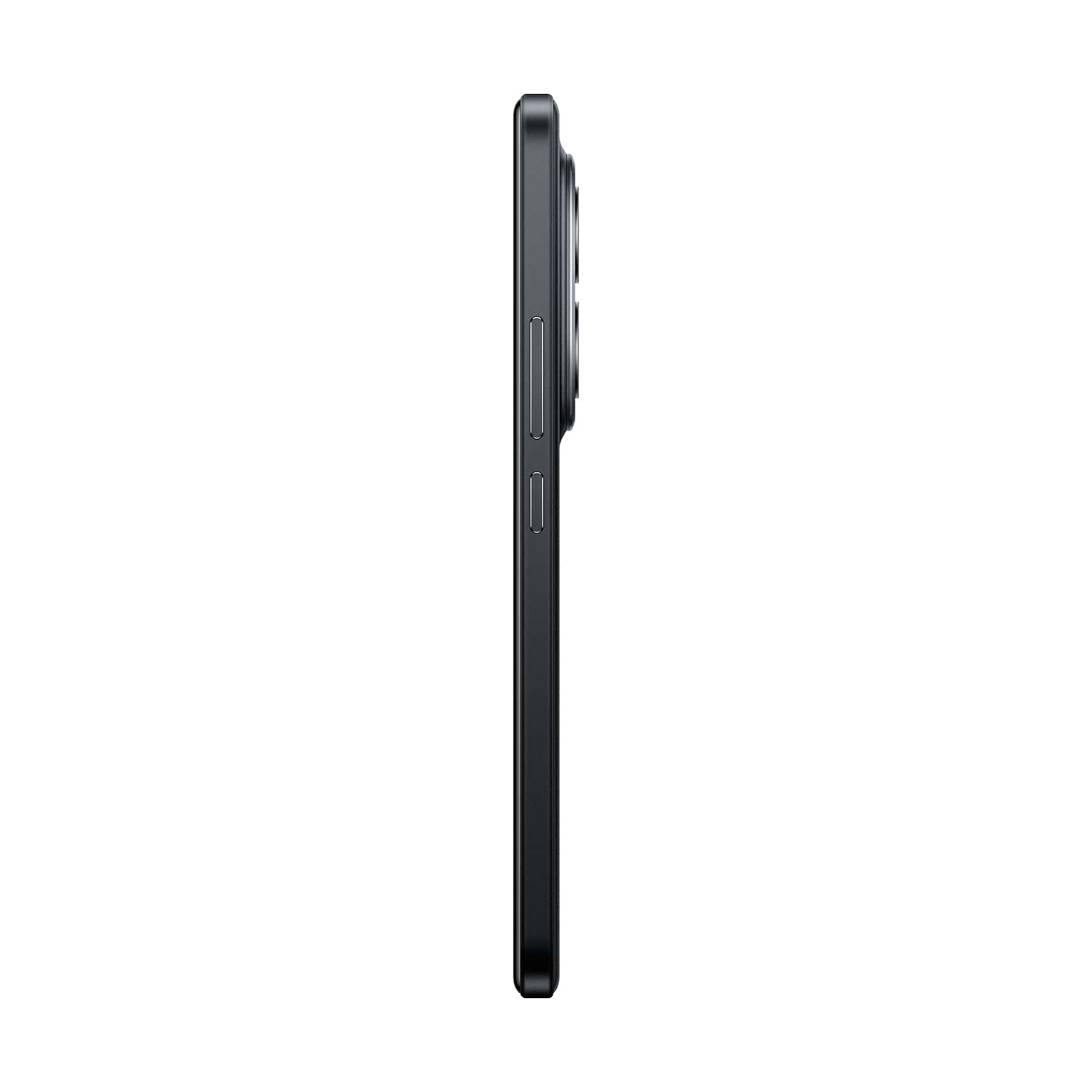 Vista laterale di uno smartphone nero. Il lato del telefono presenta pulsanti e un modulo fotocamera. Lo sfondo è bianco.