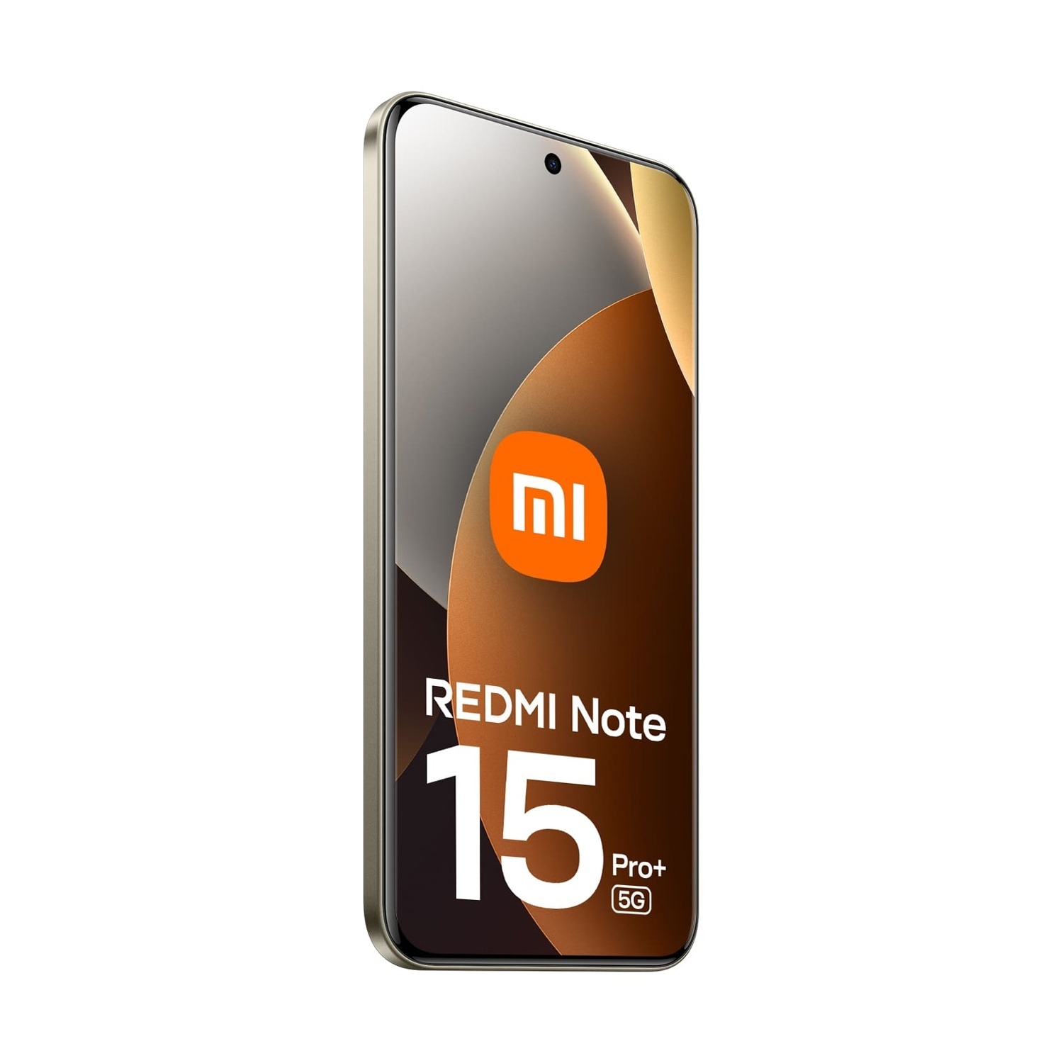 Uno smartphone Redmi Note 15 Pro+ 5G. Ha uno schermo e il logo Xiaomi. Il telefono è oro e nero su sfondo bianco.