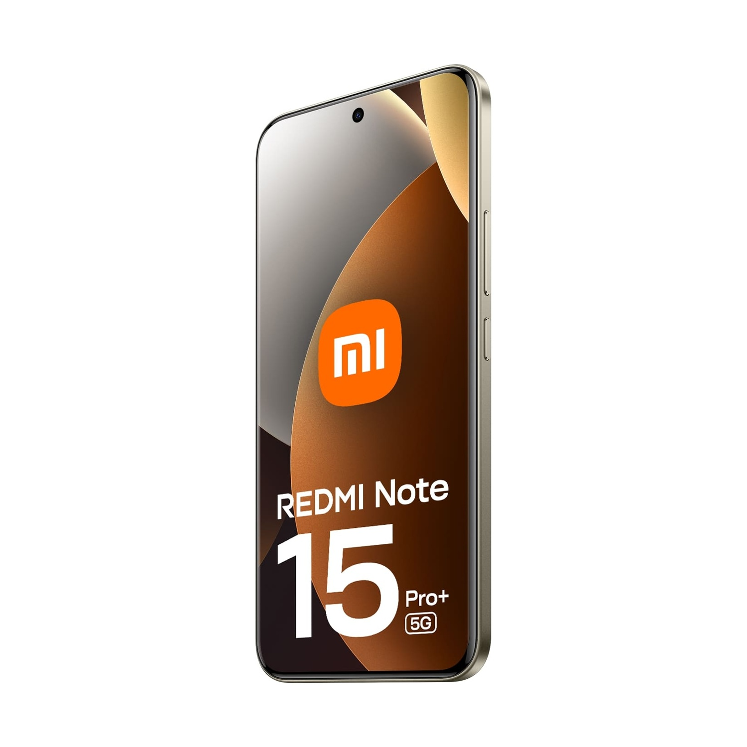 Uno smartphone Redmi Note 15 Pro+ 5G. Ha uno schermo con il logo Redmi, il nome del telefono e il numero 15. Lo sfondo è marrone.