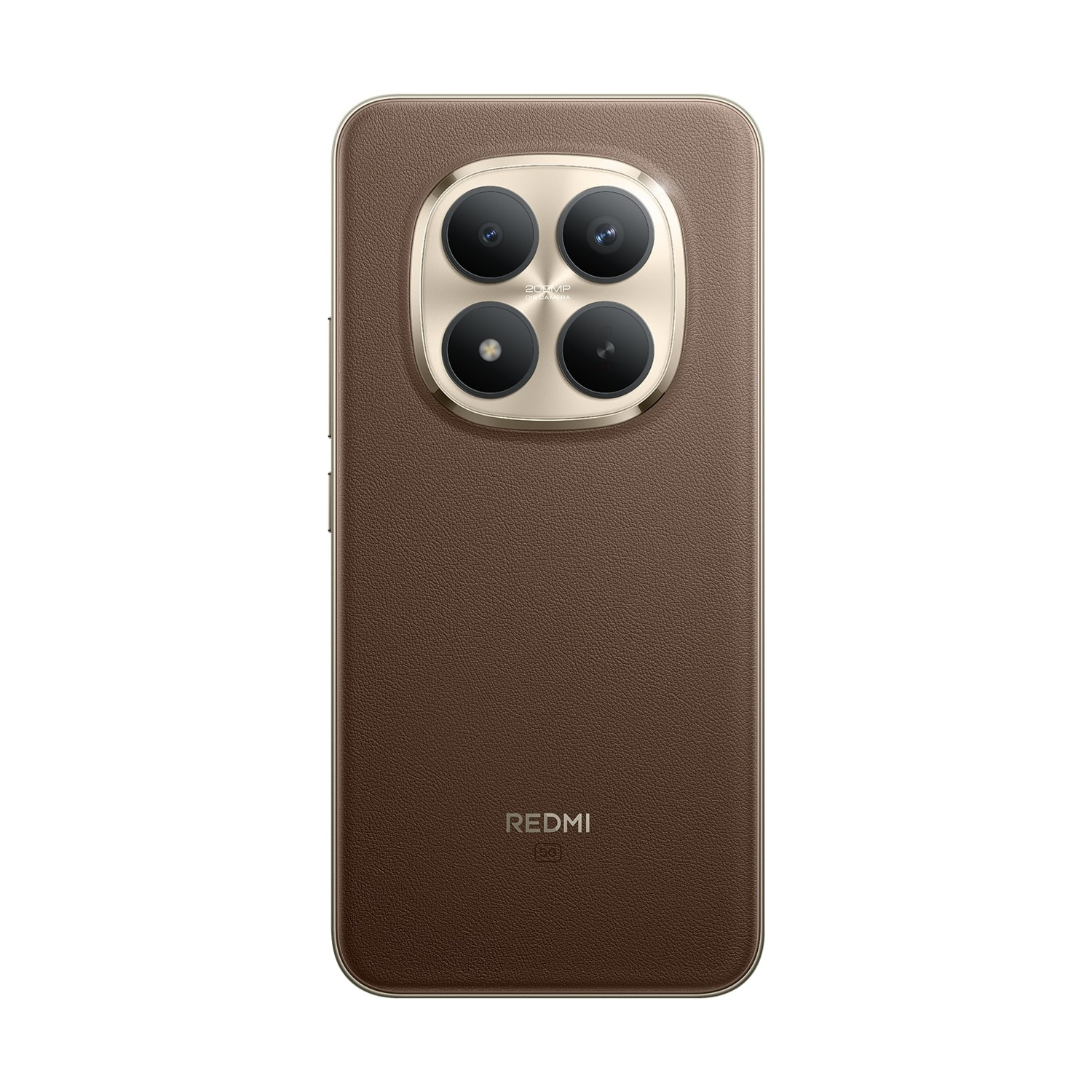 Retro del telefono marrone con modulo fotocamera dorato e quattro lenti. Il telefono ha il logo Redmi e il marchio 5G.
