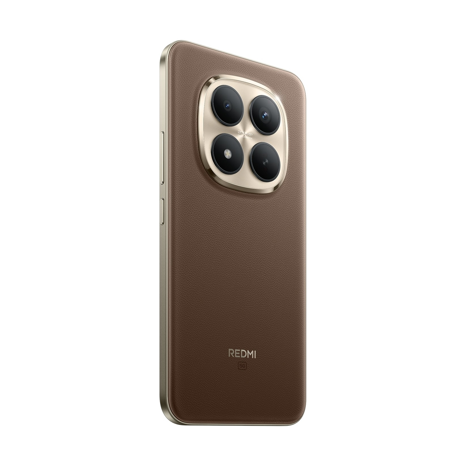 Uno smartphone marrone con cornice dorata. Ha quattro fotocamere e il marchio REDMI sul retro.
