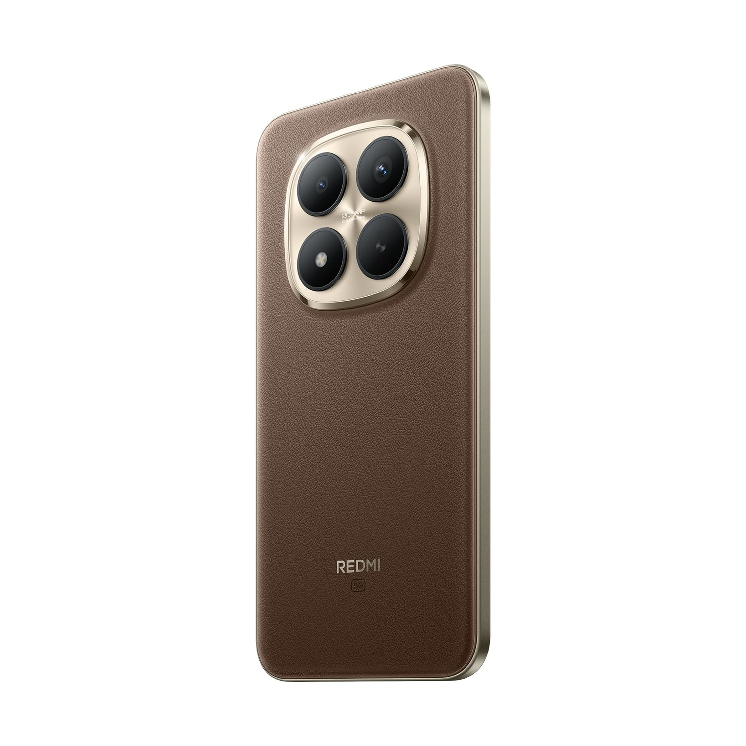 Uno smartphone in pelle marrone con un modulo fotocamera dorato. Il modulo ha quattro lenti. Il telefono ha una cornice dorata e un logo Redmi.