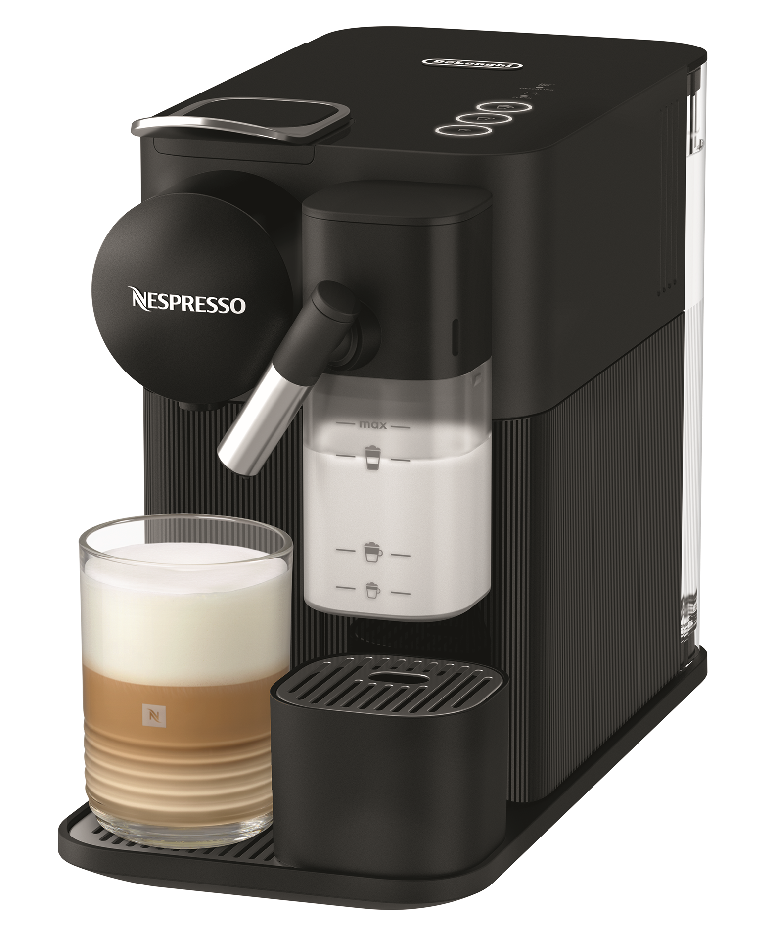 Eine schwarze Nespresso-Maschine mit einem Glas geschichteten Kaffees. Milchaufschäumer und Milchbehälter sind ebenfalls sichtbar.