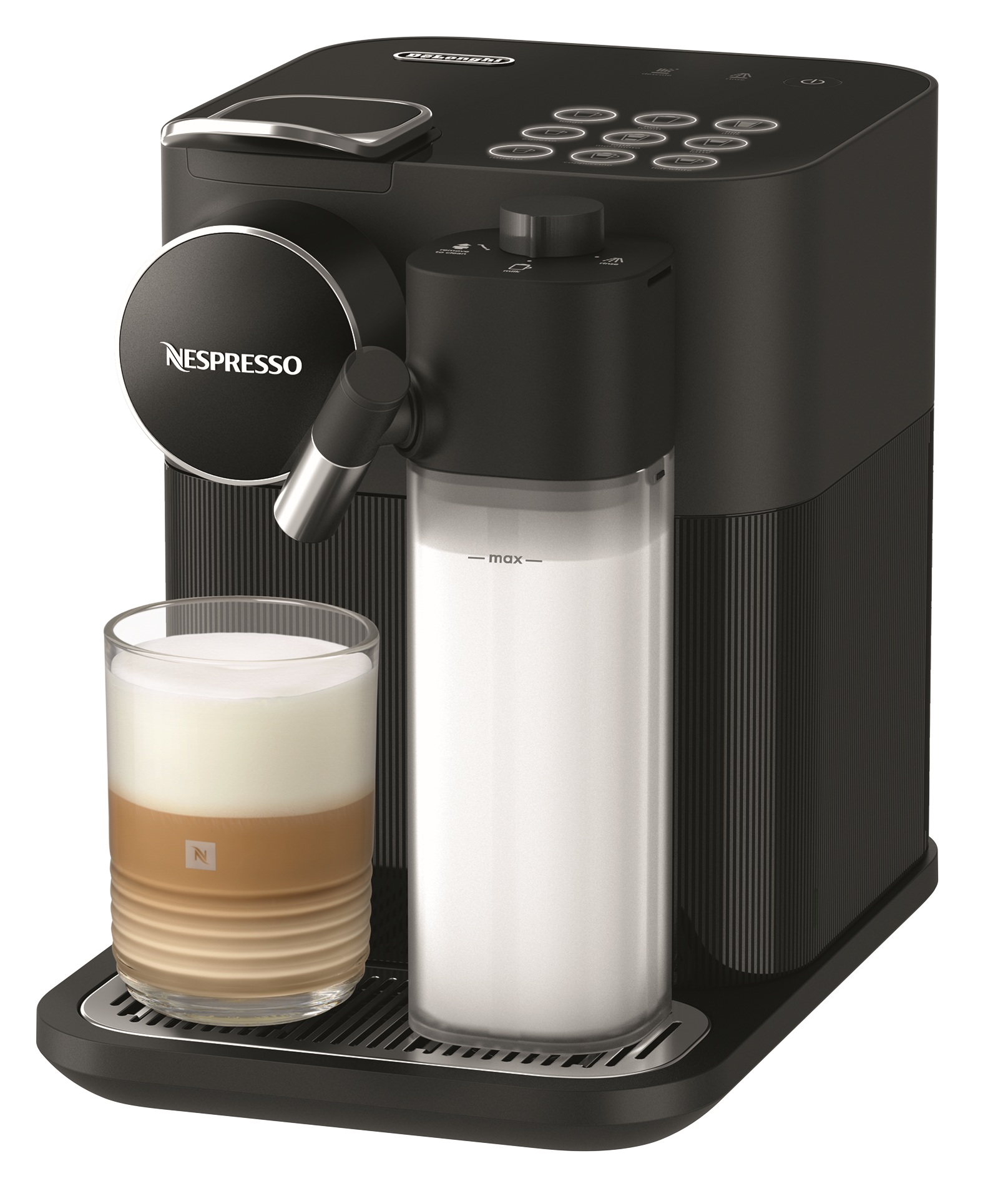 Eine schwarze Nespresso-Maschine mit einem Glas geschichteten Kaffeegetränks und einem Milchaufschäumer.