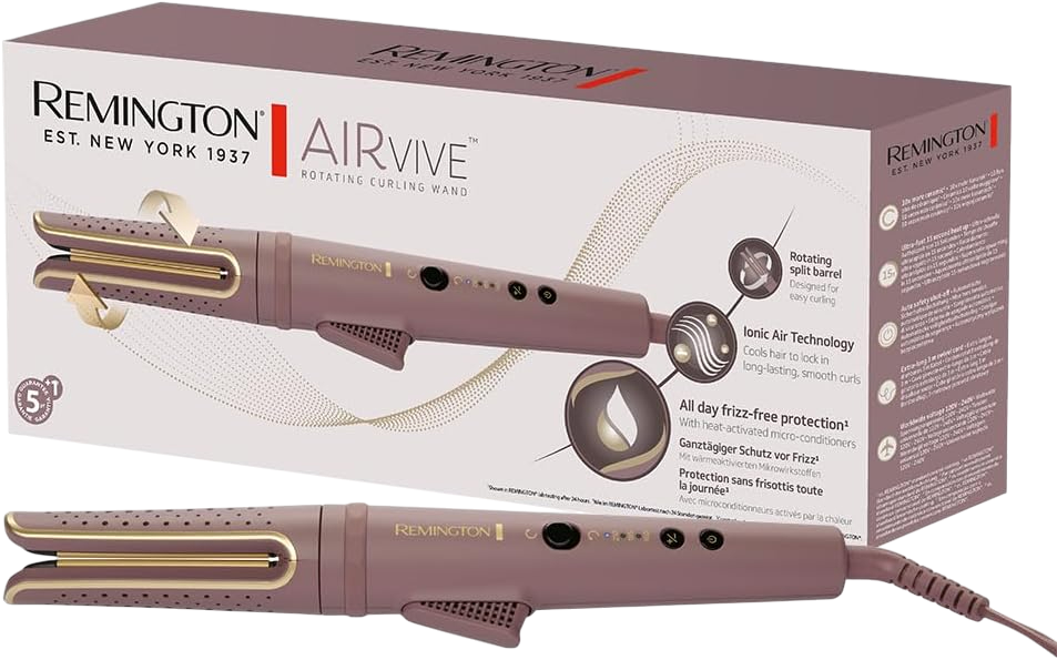 Remington Air Vivé Lockenstab auf einer Box. Er ist rosa und goldfarben. Merkmale sind rotierender Lauf und Ionic Air Technology.