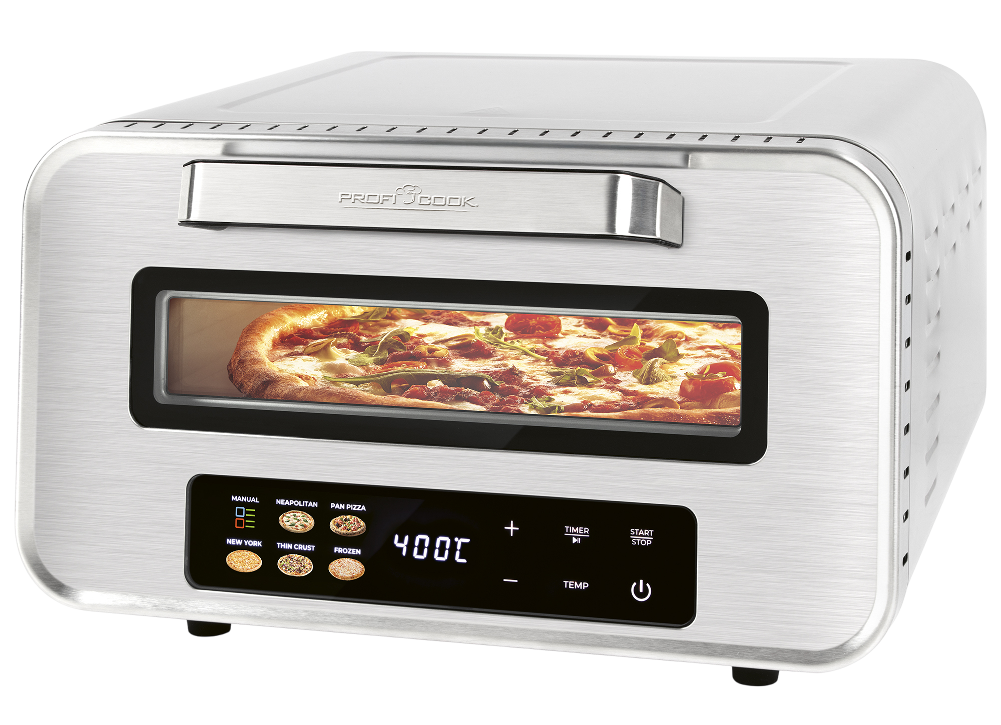 Ein silberner Profi Cook Pizzaofen mit Pizza. Er hat ein digitales Display und verschiedene Kochoptionen.