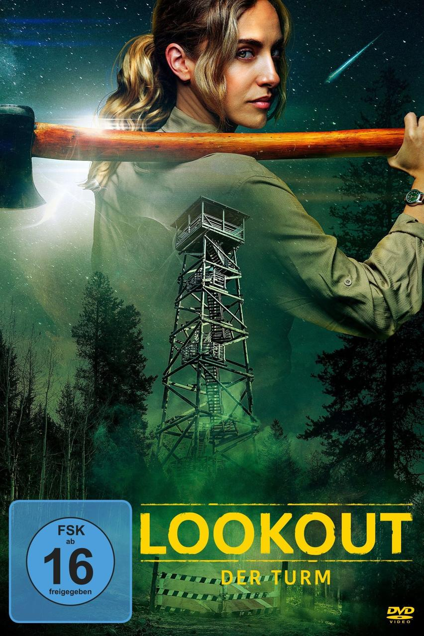 Filmposter 'Lookout'. Eine Frau hält eine Axt. Ein Wachturm ist im Hintergrund. Der Titel ist grün.