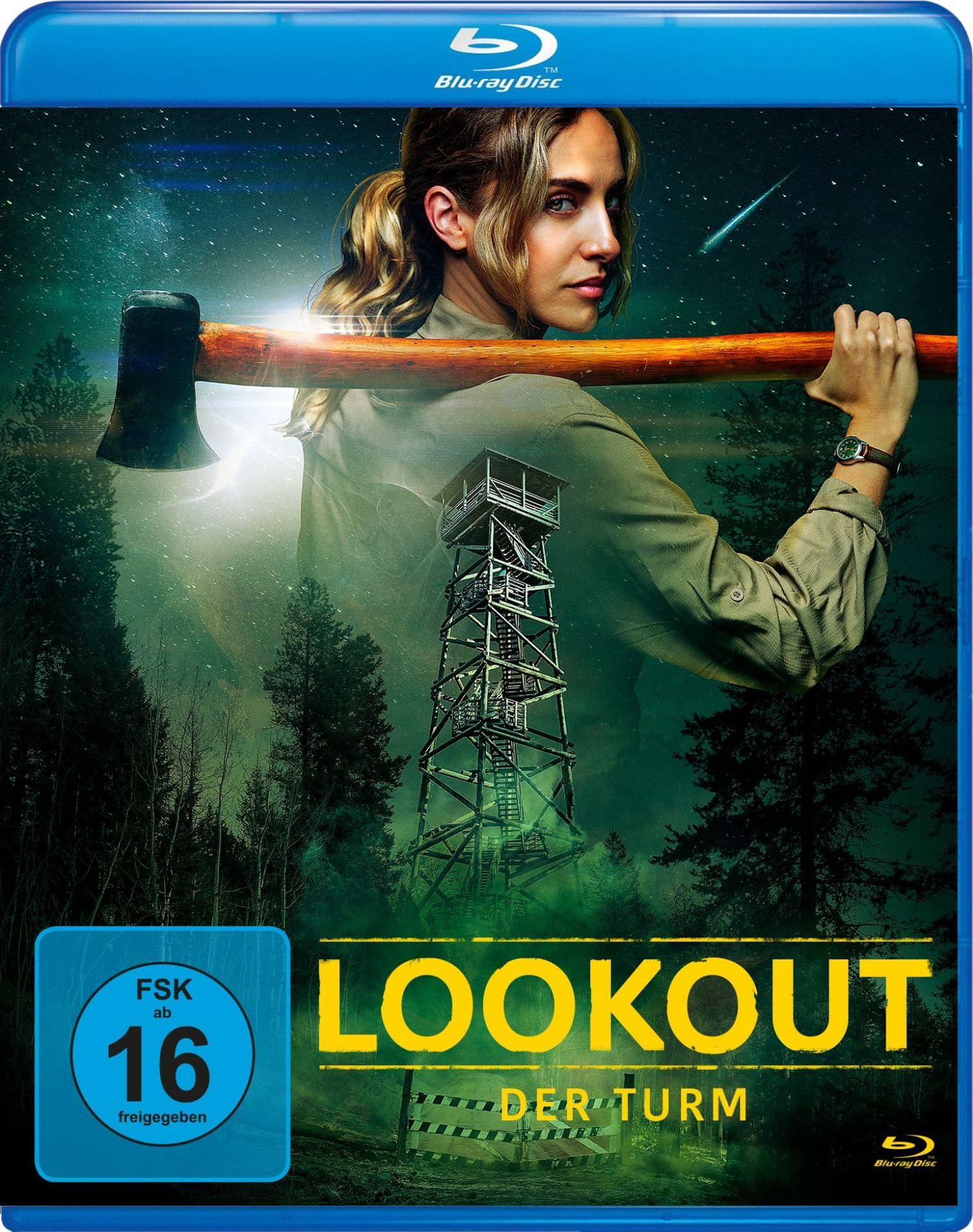 Blu-ray-Cover mit einer Frau, die eine Axt hält. Wachturm im Hintergrund, ein Komet am Himmel. Titel: Lookout.