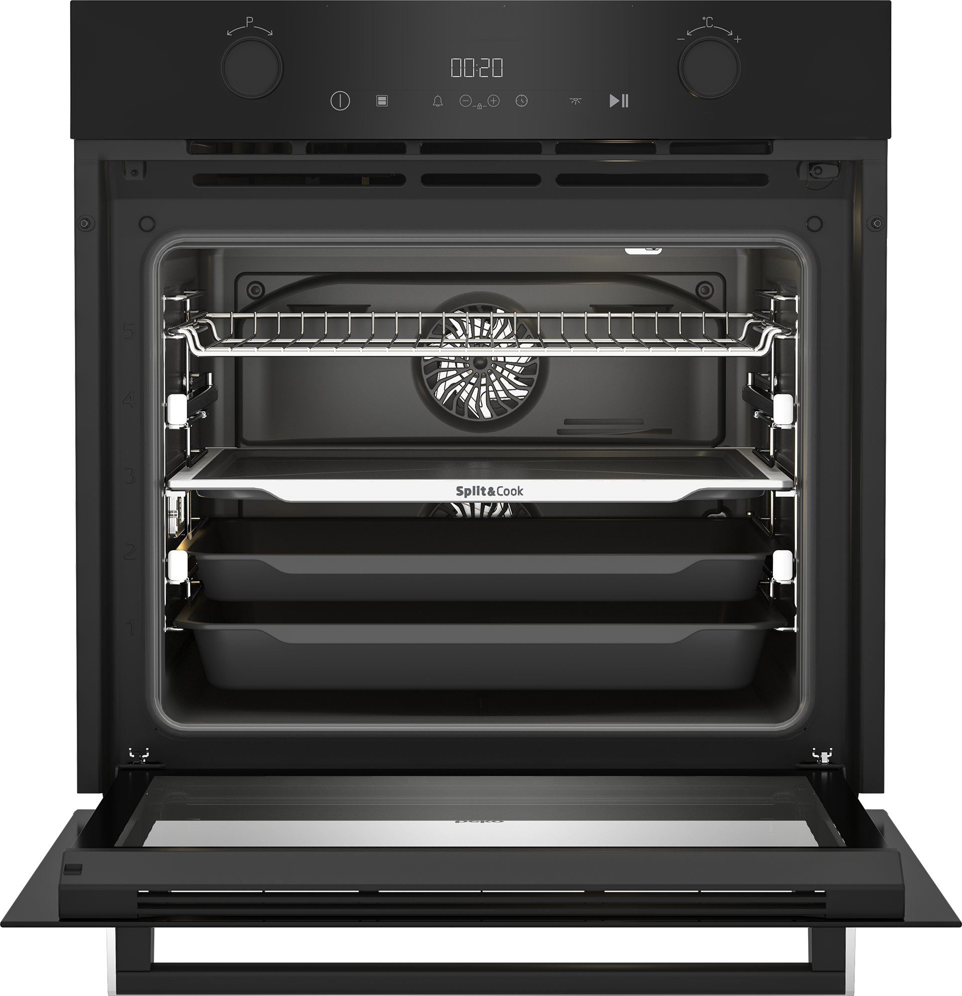 Otwarty czarny piekarnik z wewnętrznymi półkami i tacami. Wyświetlacz pokazuje czas. Sterowanie na górze. Otwarte drzwi.