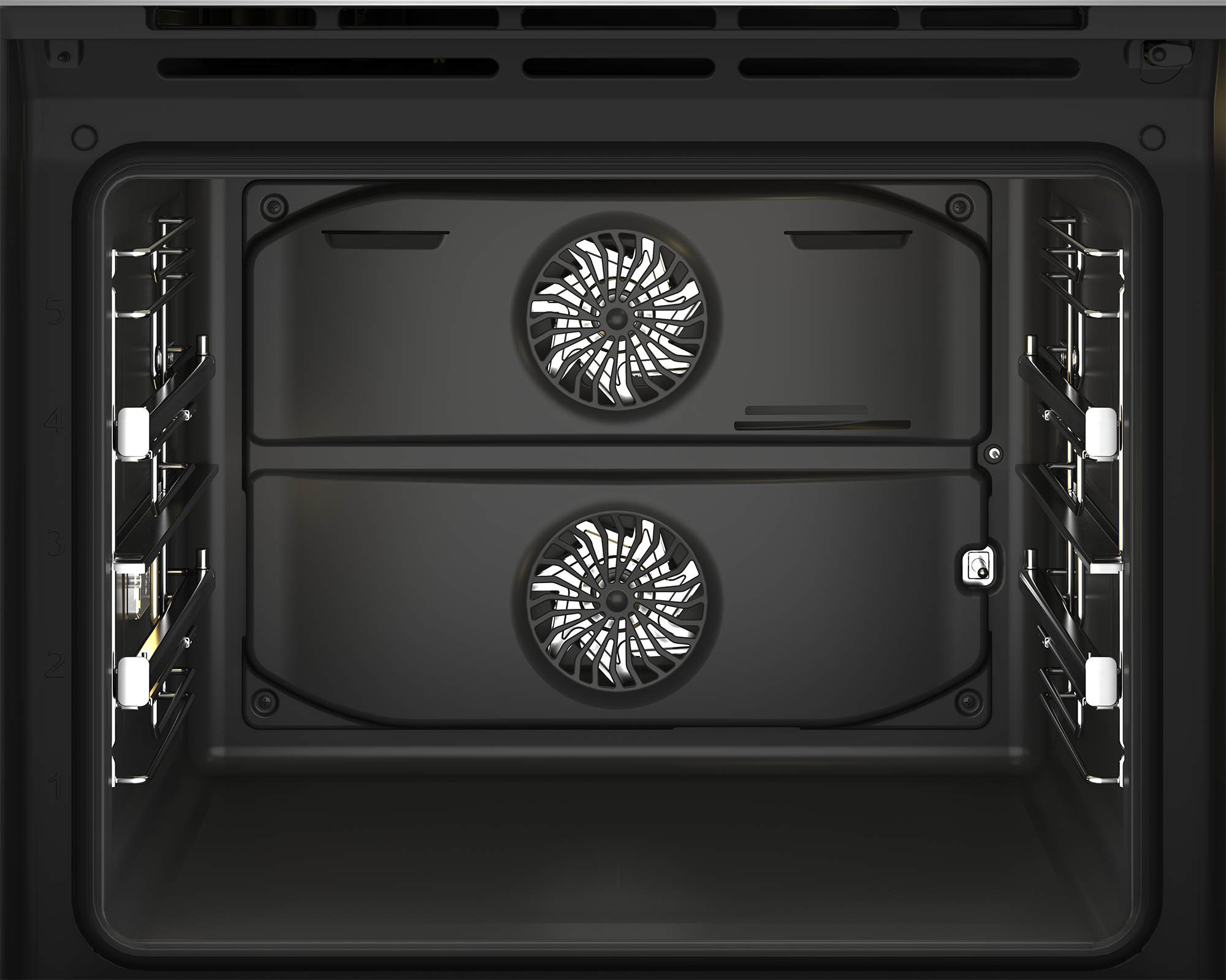 Widok wewnątrz czarnego piekarnika. Ma dwa wentylatory, ruszty i światła. Wnętrze jest ciemne.