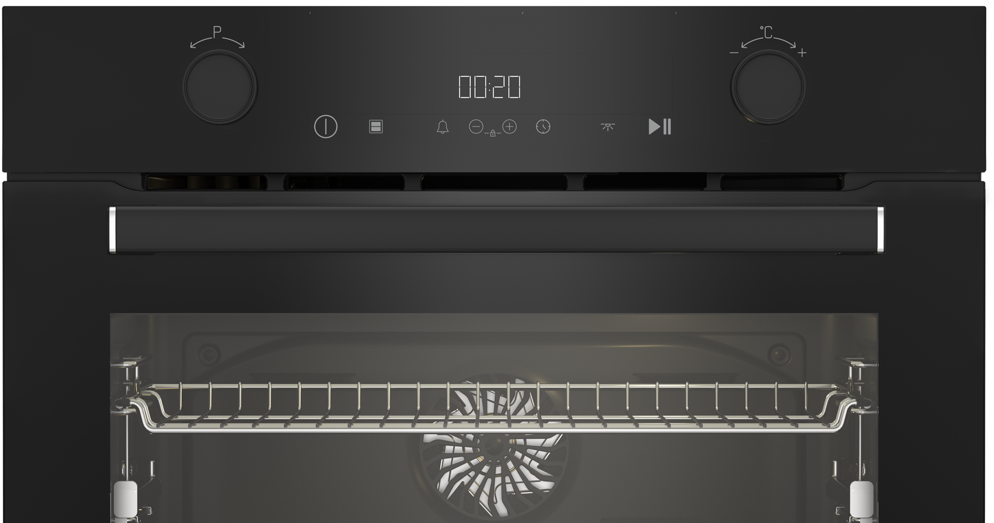 Czarny piekarnik z wyświetlaczem 00:20. Pokrętła na górze. Wewnątrz metalowa kratka i wentylator. Drzwi zamknięte.