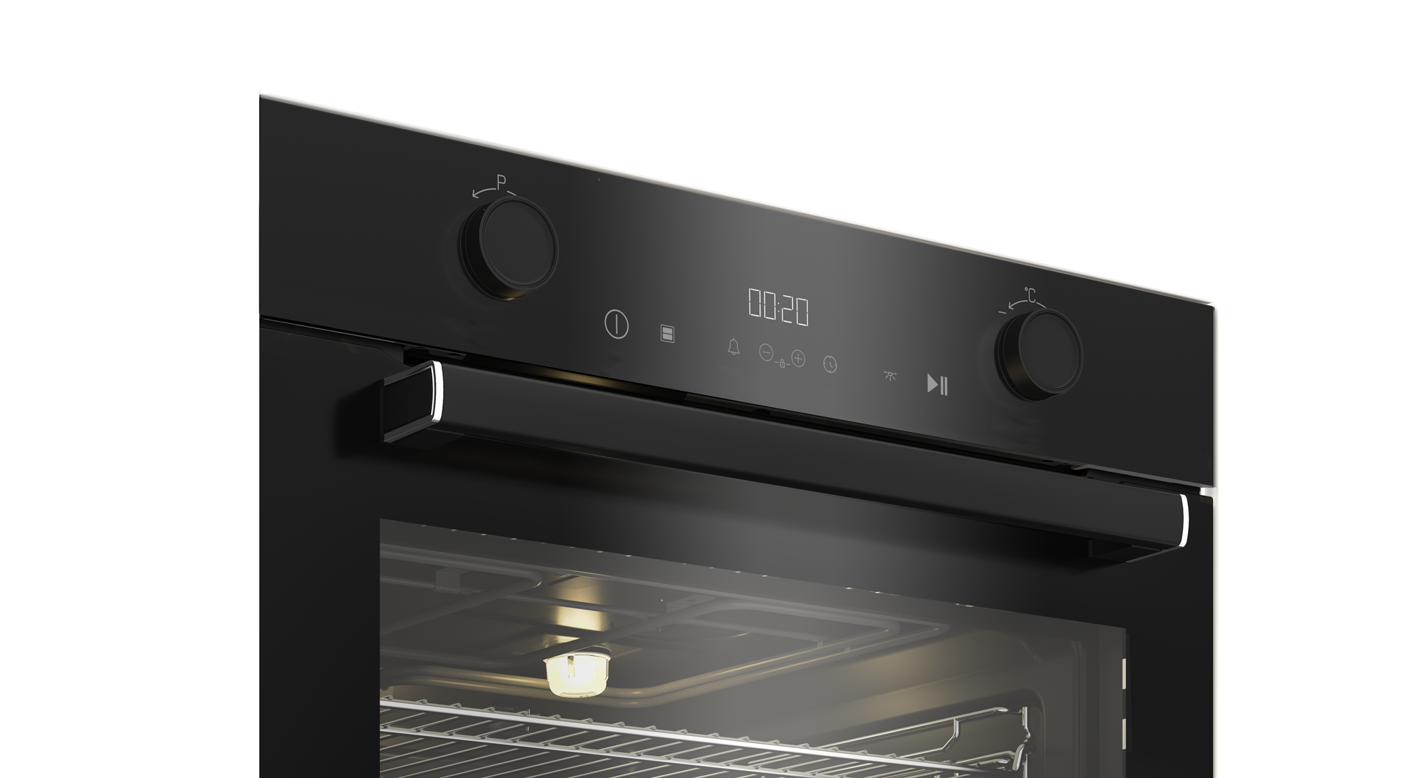 Czarny piekarnik. Pokrętła u góry, wyświetlacz cyfrowy pokazuje 00:20. Drzwi piekarnika otwarte, z światłem w środku i metalową kratką.