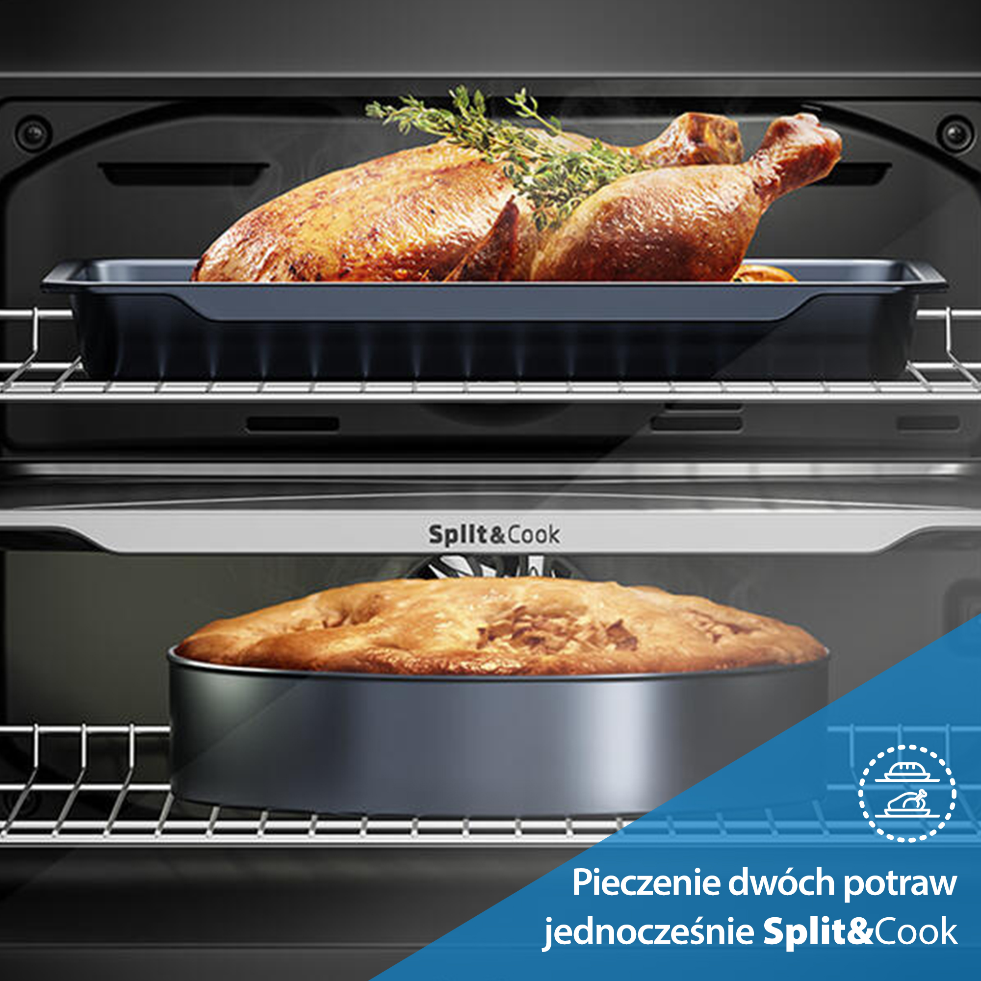 Wnętrze piekarnika z pieczonym kurczakiem na górze i ciastem na dole, z napisem Split&Cook.