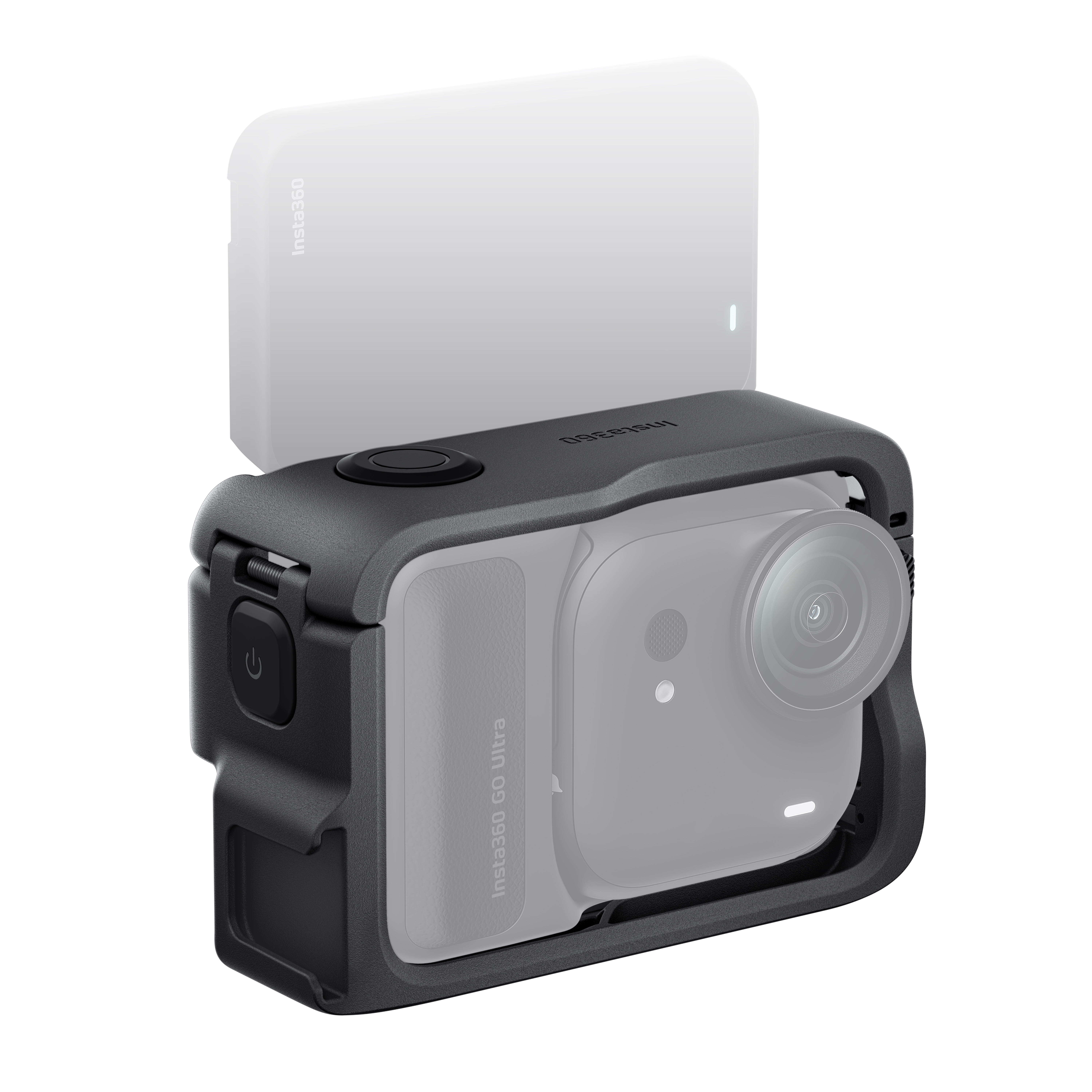 Schwarze Insta360 GO Ultra Kamera in schwarzem Gehäuse mit weißem Zubehör. Ein-Aus-Taste sichtbar.