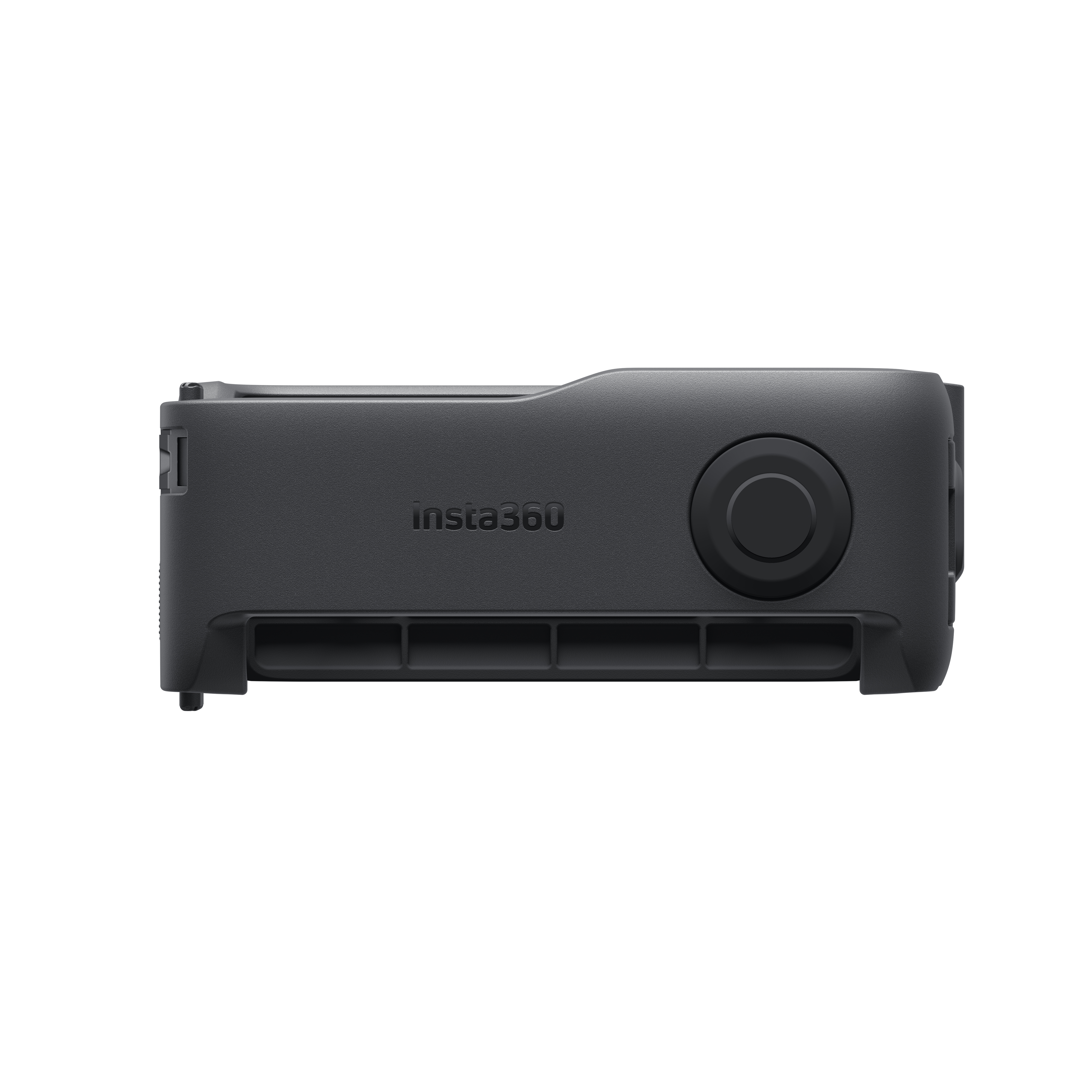 Eine schwarze Insta360-Kamera. Es hat einen runden Knopf und das Insta360-Logo. Der Hintergrund ist weiß.