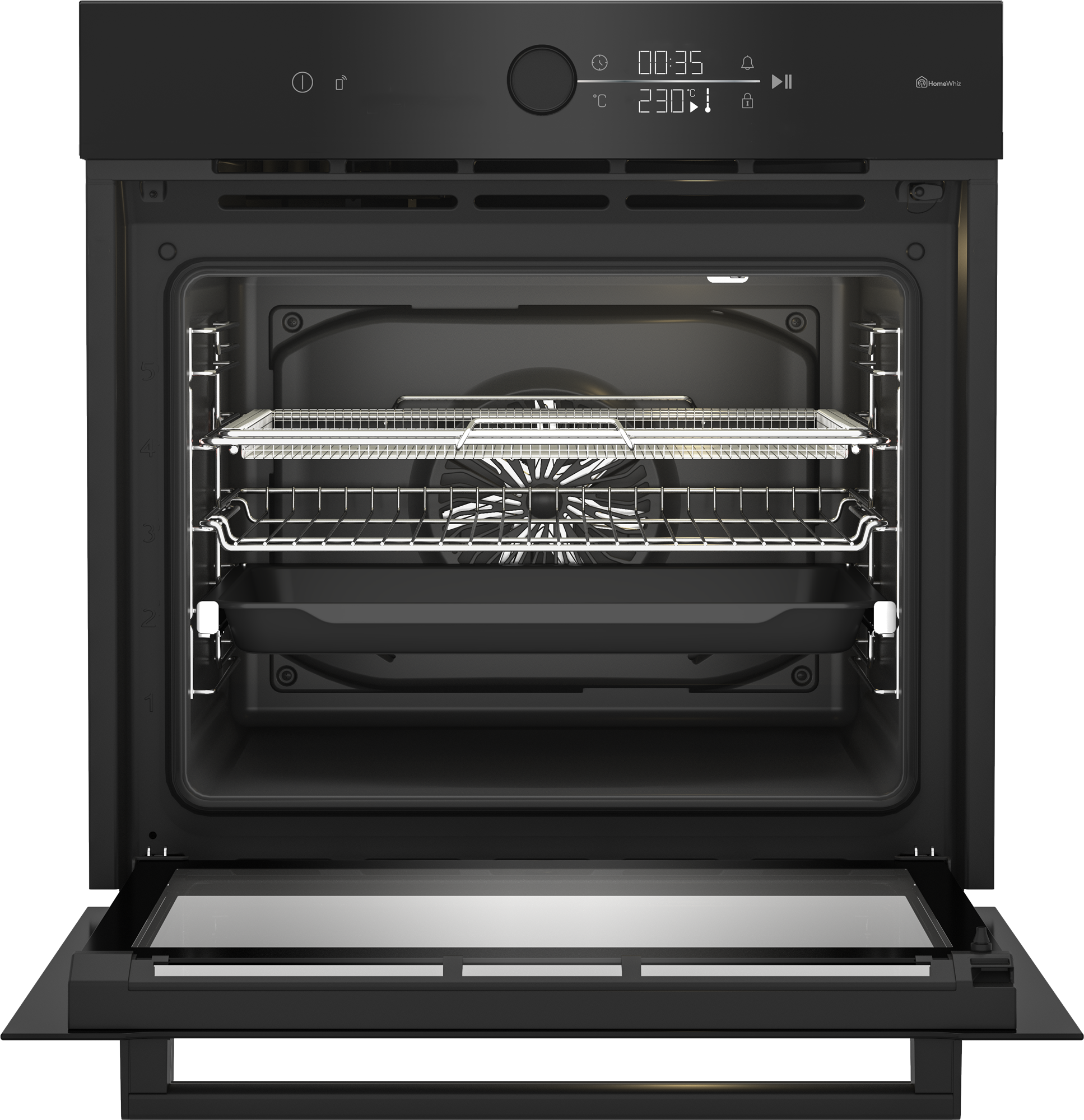 Czarny piekarnik, otwarte drzwi. Wnętrze z rusztami i wentylatorem. Wyświetlacz cyfrowy pokazuje czas i temperaturę.