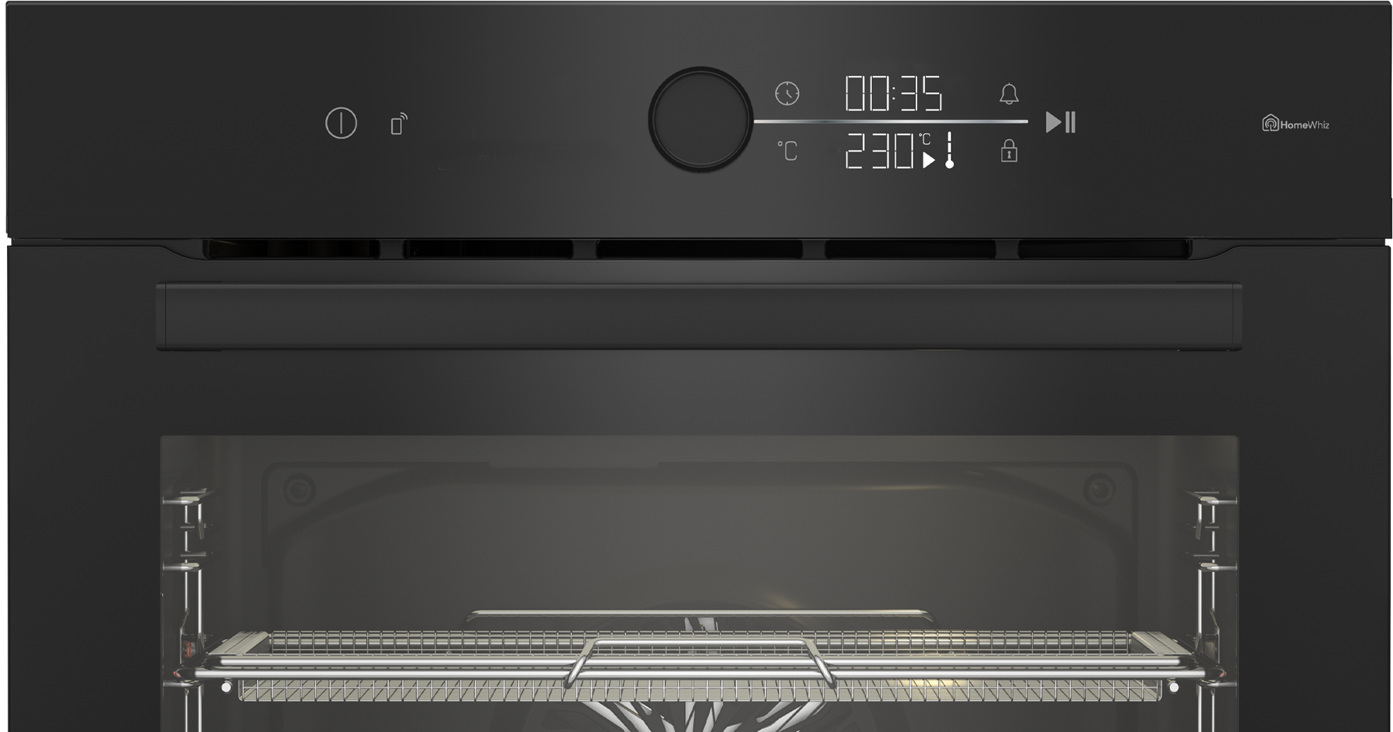 Czarny front piekarnika z cyfrowym wyświetlaczem czasu i temperatury oraz otwartym wnętrzem z metalową kratką.