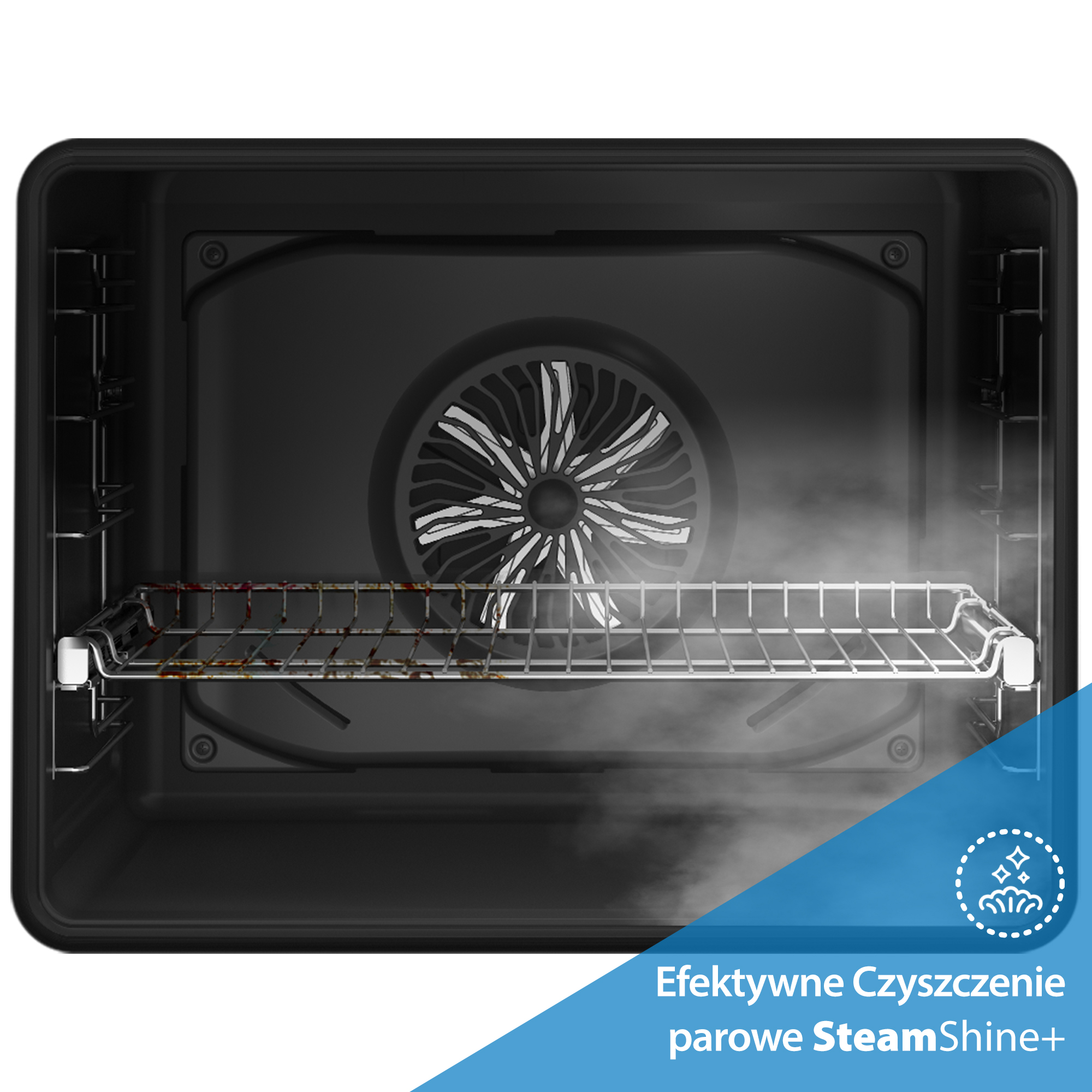 Wnętrze piekarnika. Ruszt pośrodku. Para wypełnia piekarnik. Wentylator z tyłu.