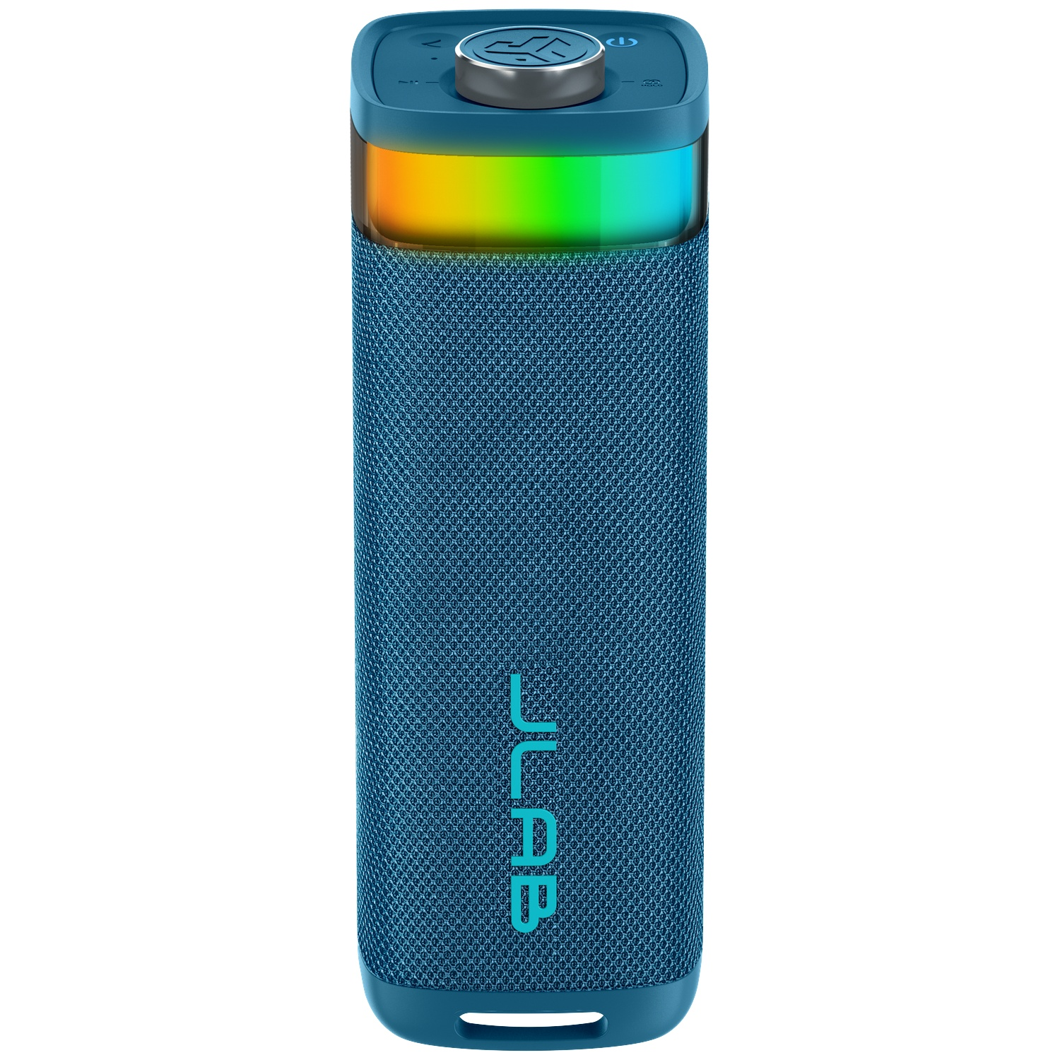 Blue cylindrical speaker with mesh texture, colorful light band, and silver top. The brand name 'JLab' is written on the speaker.
