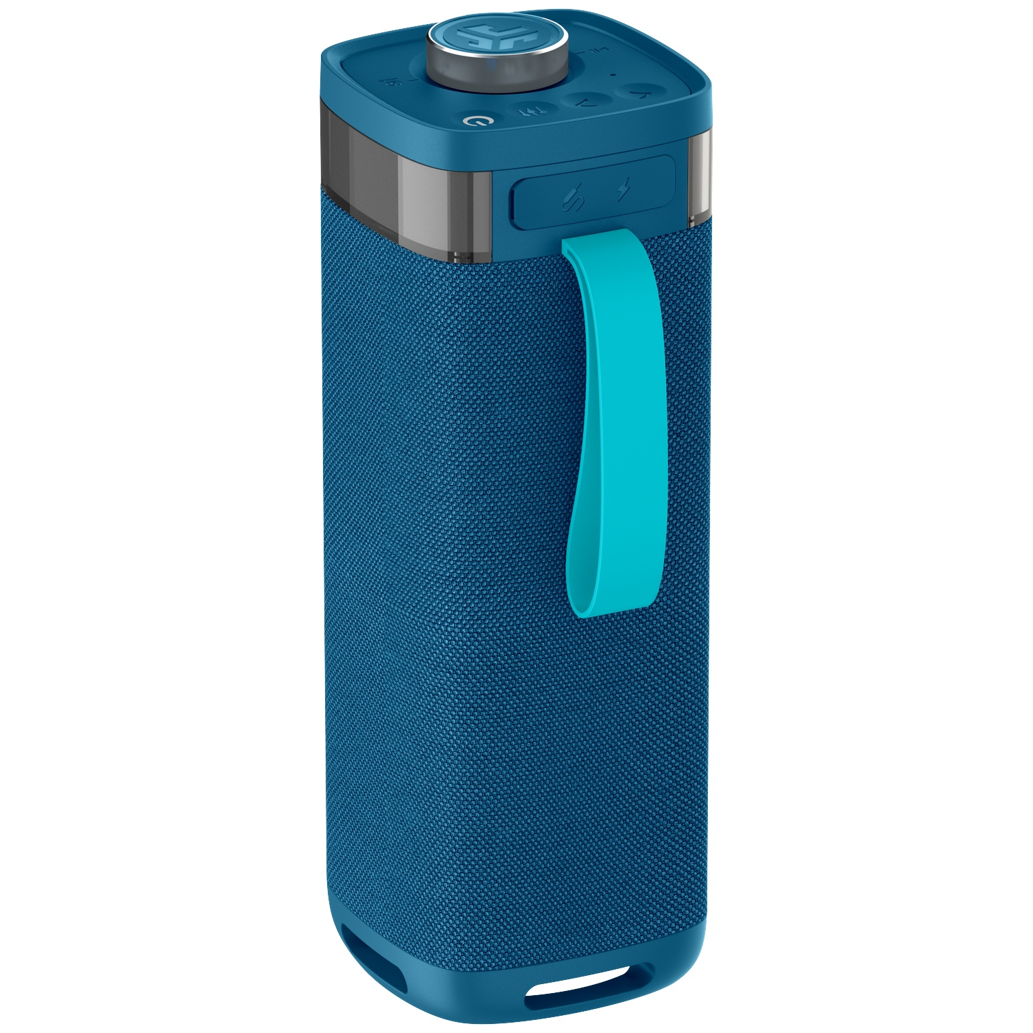 Blue cylindrical speaker with a teal handle. It has a power button on the top and a light blue handle on the side.