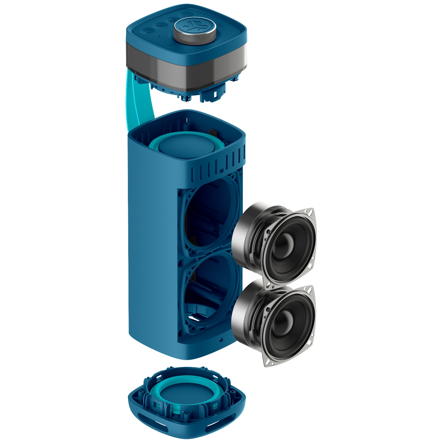 Exploded view of a blue and gray speaker. Components include the top with controls, the main body, speakers, and the base.