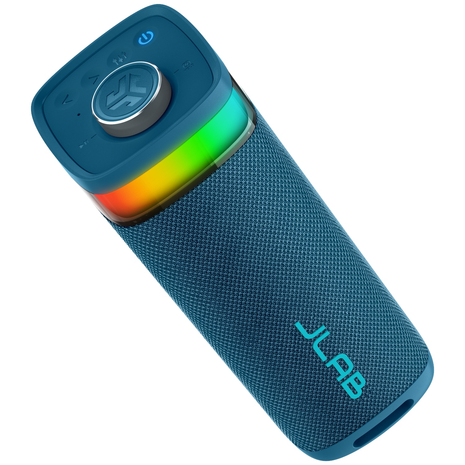 Blue cylindrical speaker with rainbow light, top controls, and the JLab logo.