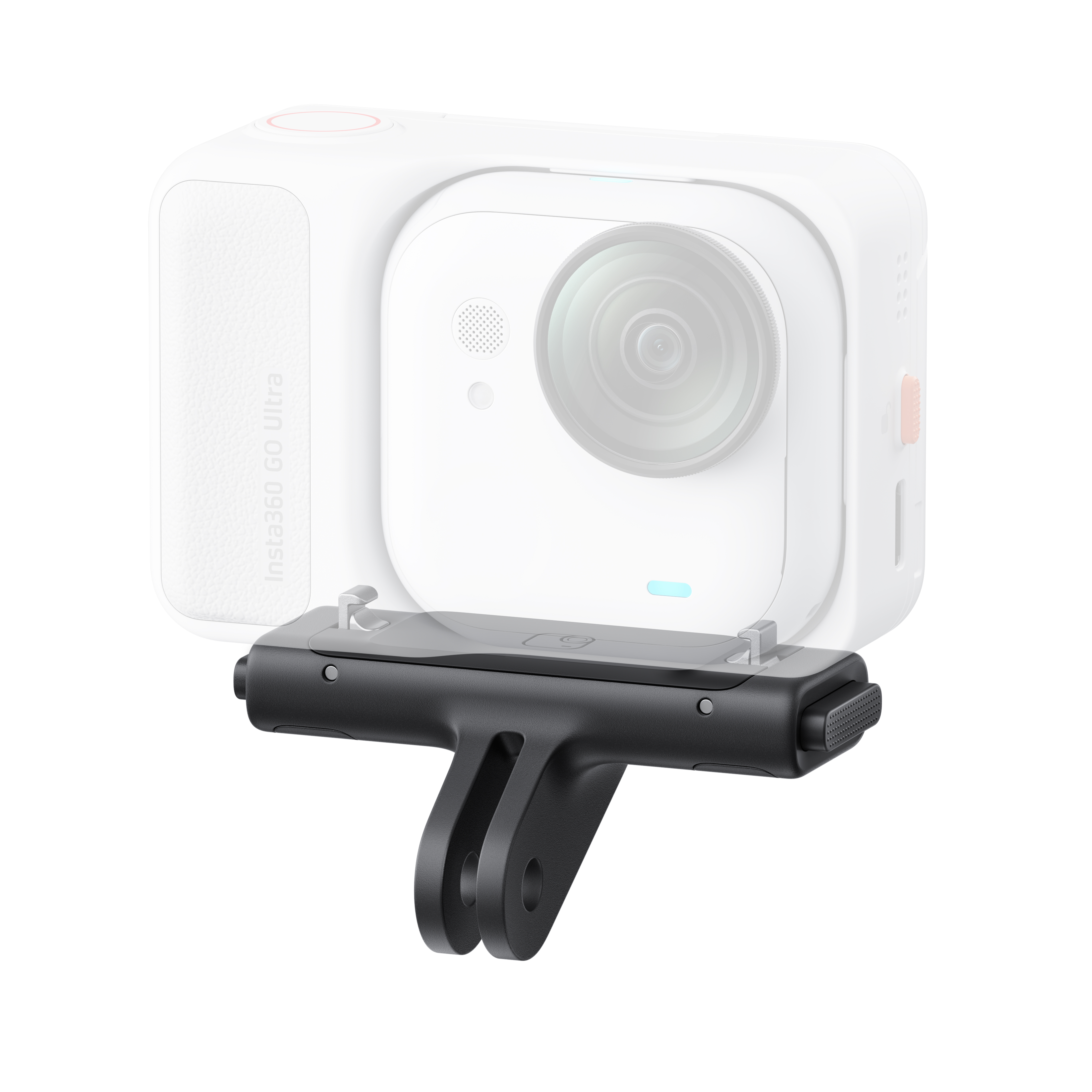 Eine weiße Insta360 Go Ultra Kamera, befestigt an einem schwarzen Zubehör. Das Zubehör hat eine Halterung.