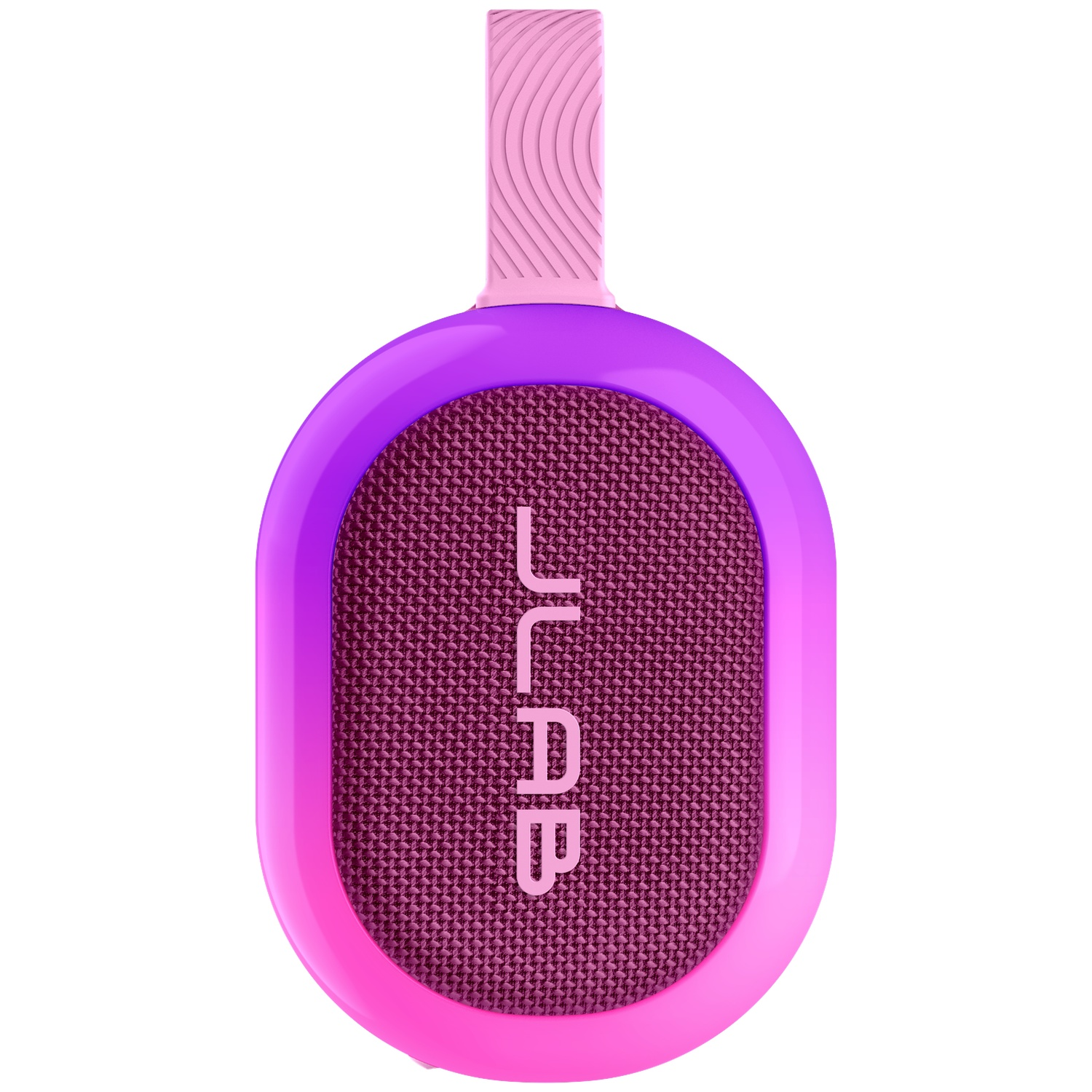 Un haut-parleur JLab rose et violet. Il a une poignée. Le corps du haut-parleur est ovale et recouvert d'une grille.