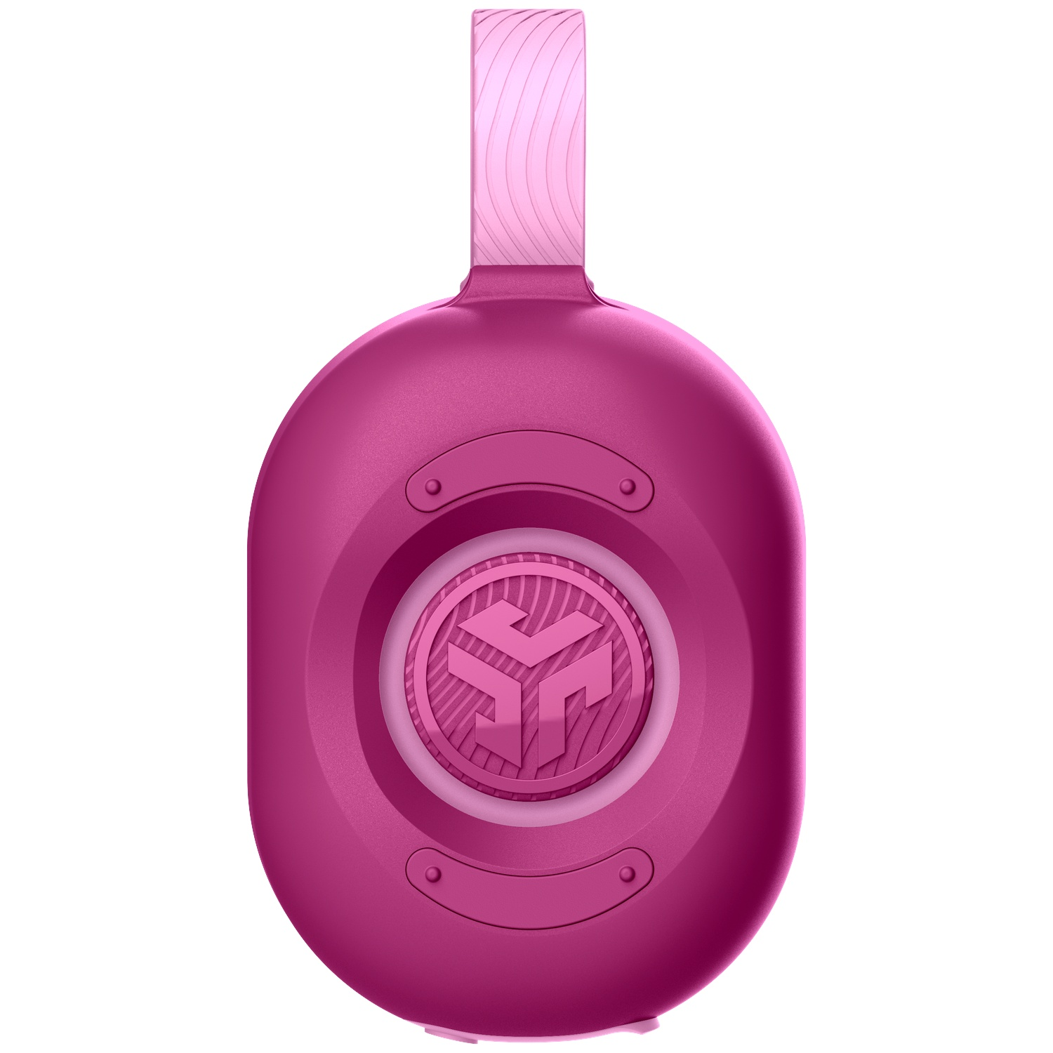 Un appareil rose ovale avec une poignée. Comprend un design circulaire avec un logo. La poignée est rose clair.