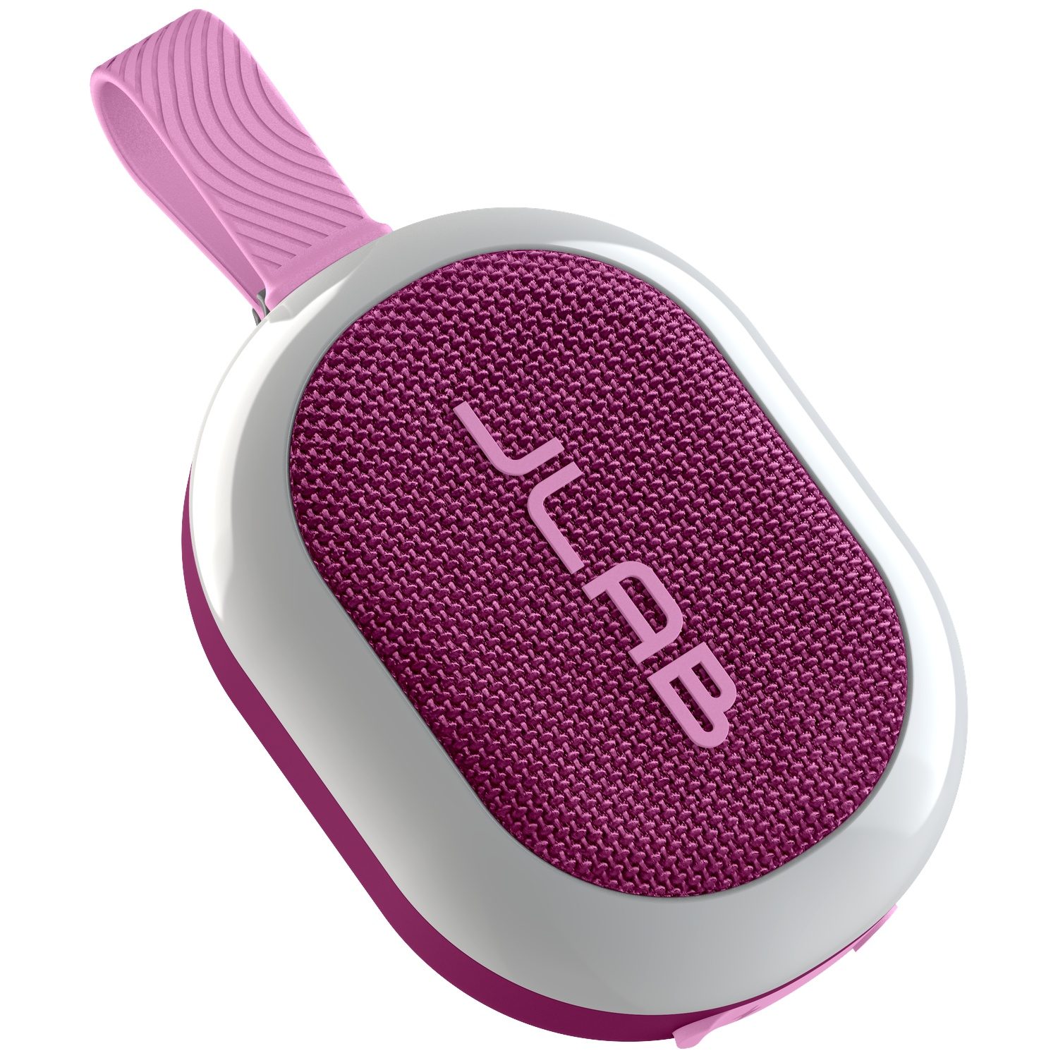 Un haut-parleur JLab rose et blanc. Il a une face avant violette tissée, une bordure blanche, une poignée rose et le nom de la marque en rose.