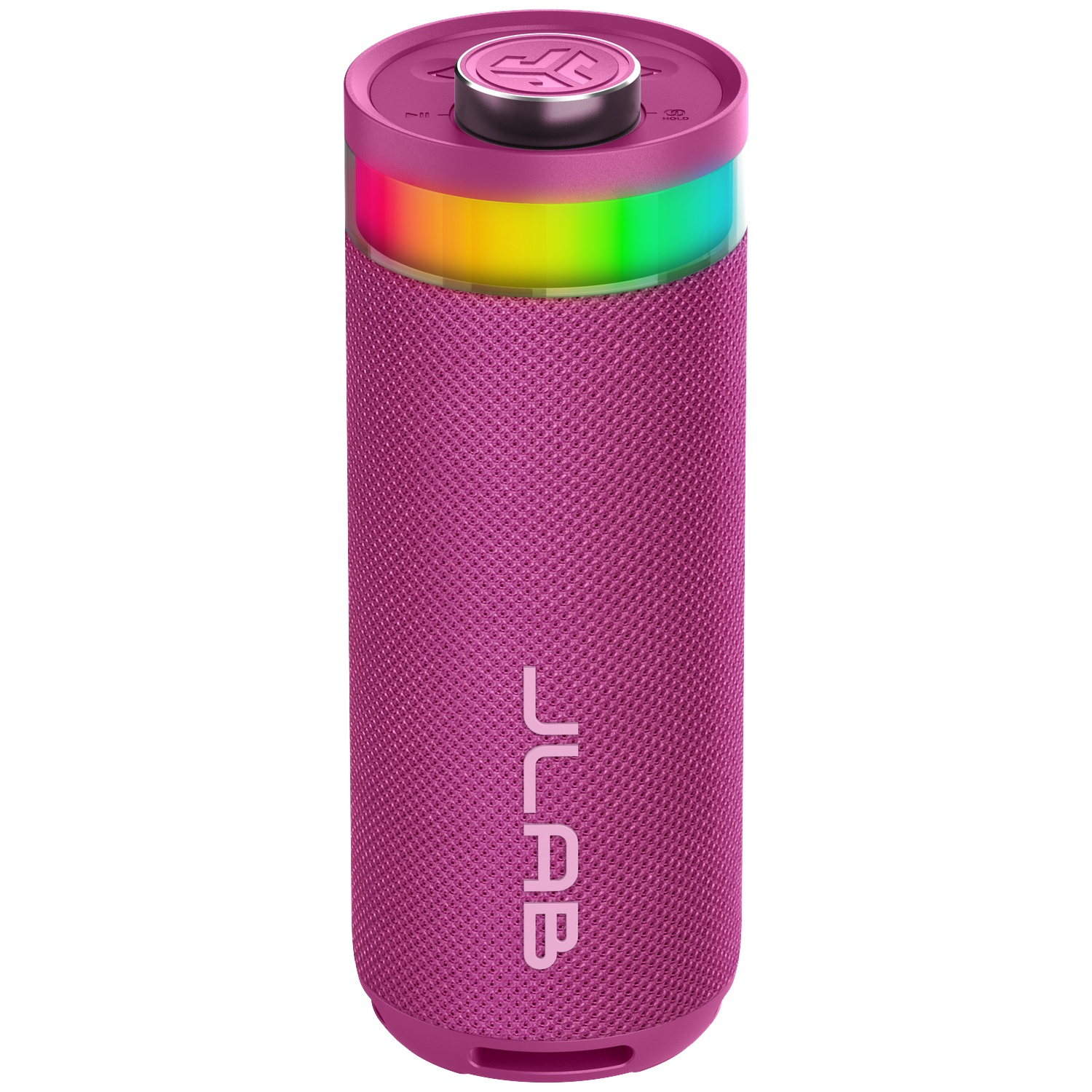 Een magenta cilindrische luidspreker met het JLab-logo. Het heeft een kleurrijke lichtband en een metalen bovenkant met knoppen.