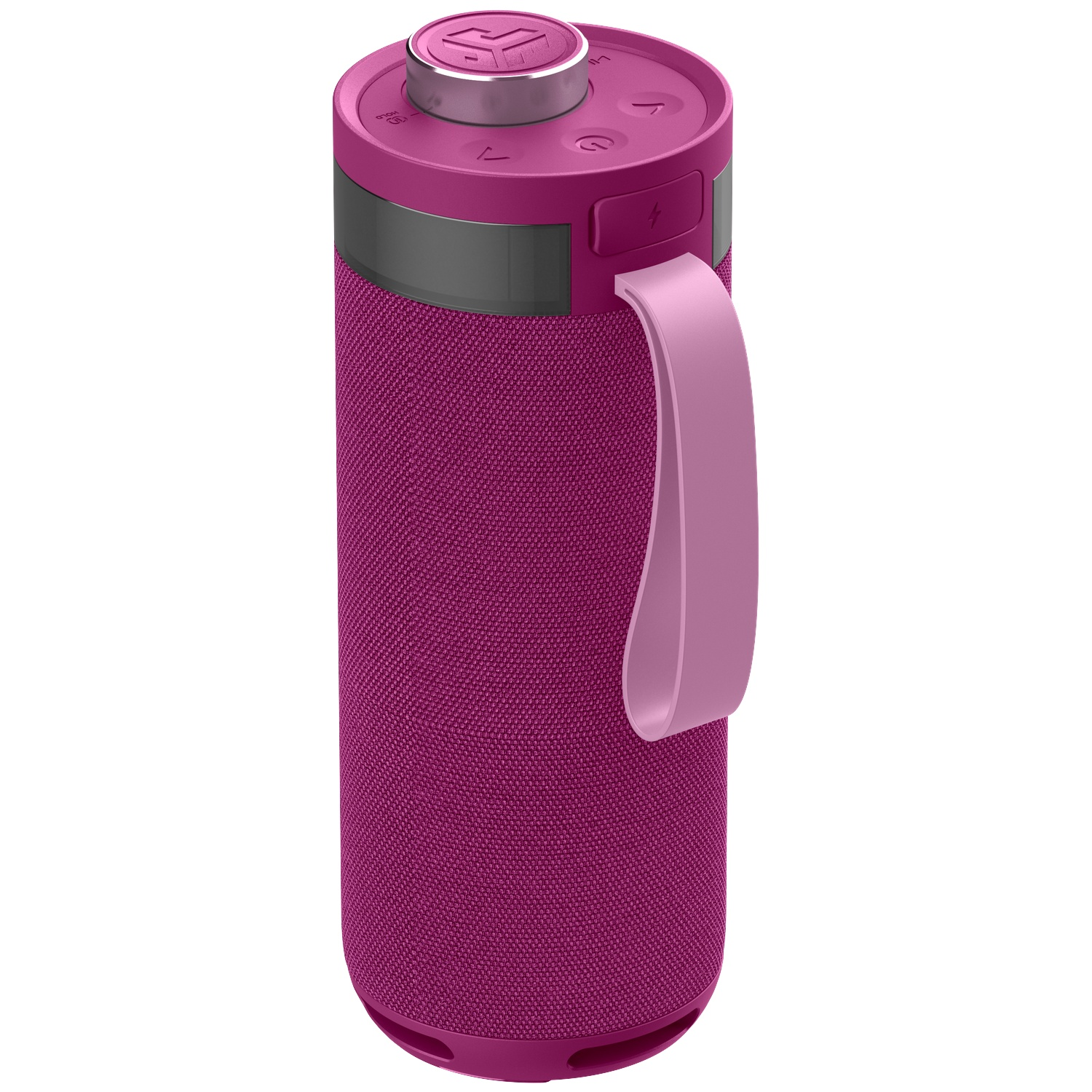 Een cilindrische magenta luidspreker met een handvat. Hij heeft knoppen bovenop en een metalen ring. De luidspreker heeft een getextureerd oppervlak.