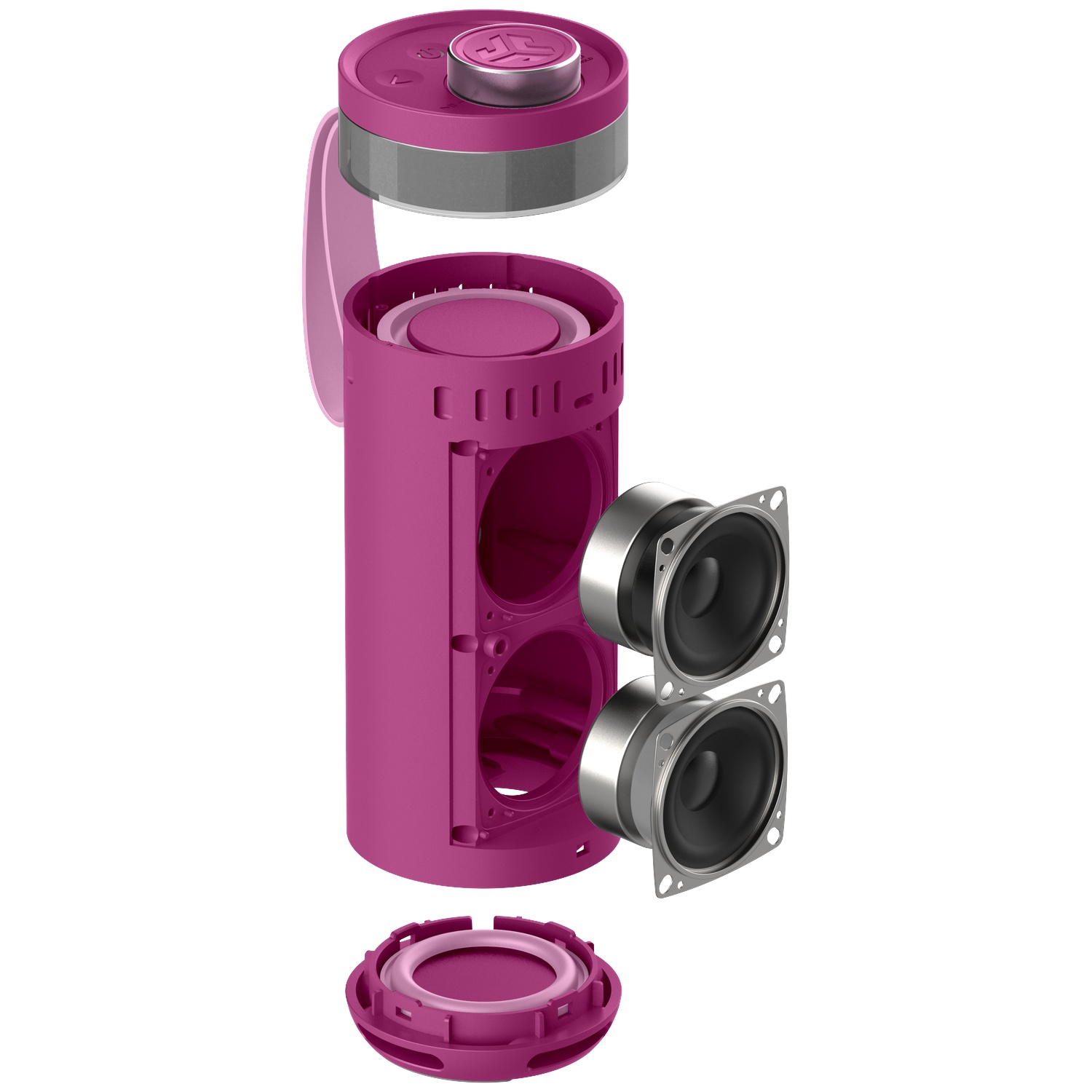 Exploded view van een magenta luidspreker. Onderdelen zijn boven- en onderkant, behuizing, twee luidsprekers en een handvat.