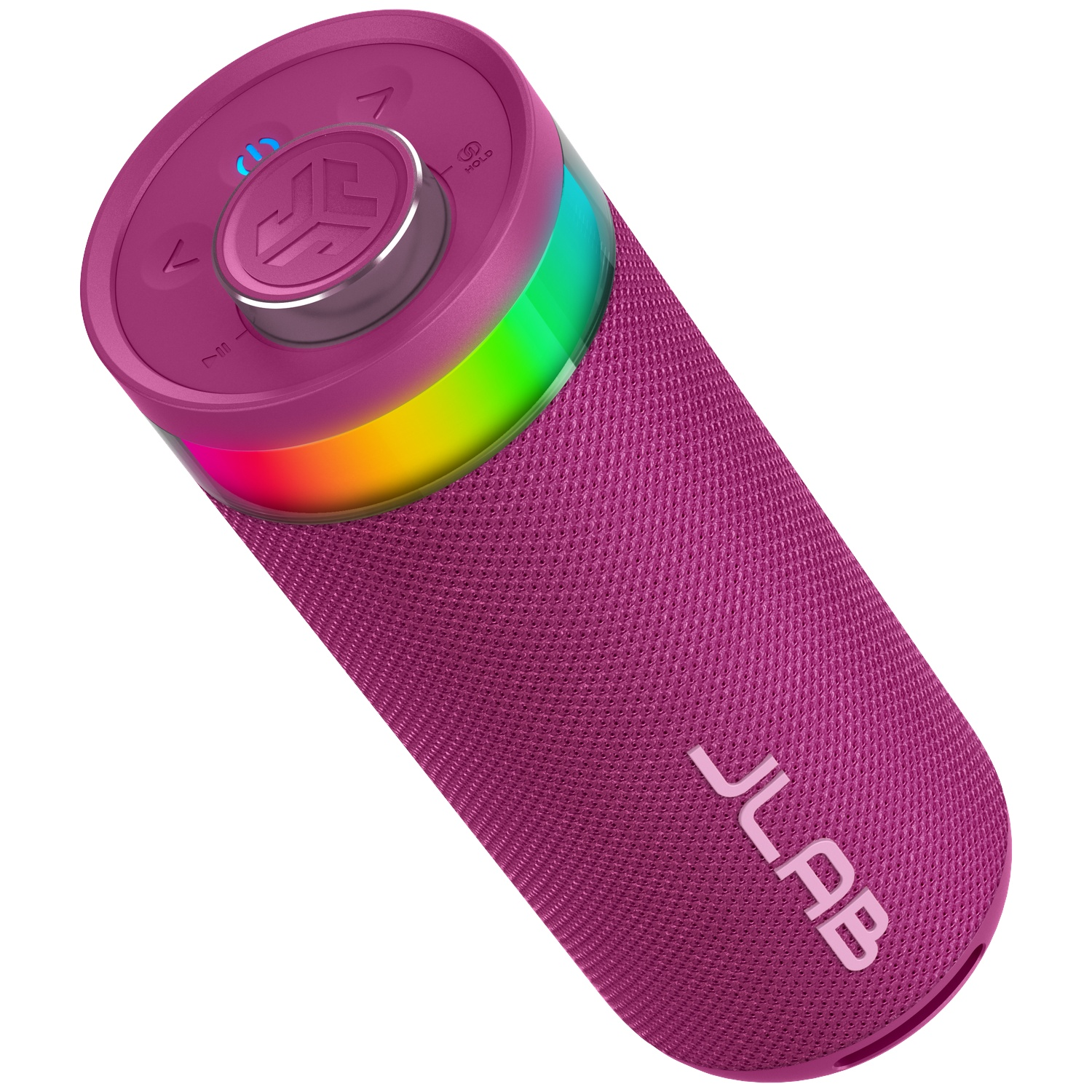 Een magenta JLab-luidspreker met regenbooglicht. Het heeft volumeknoppen en het JLab-logo. De luidspreker is cilindrisch.