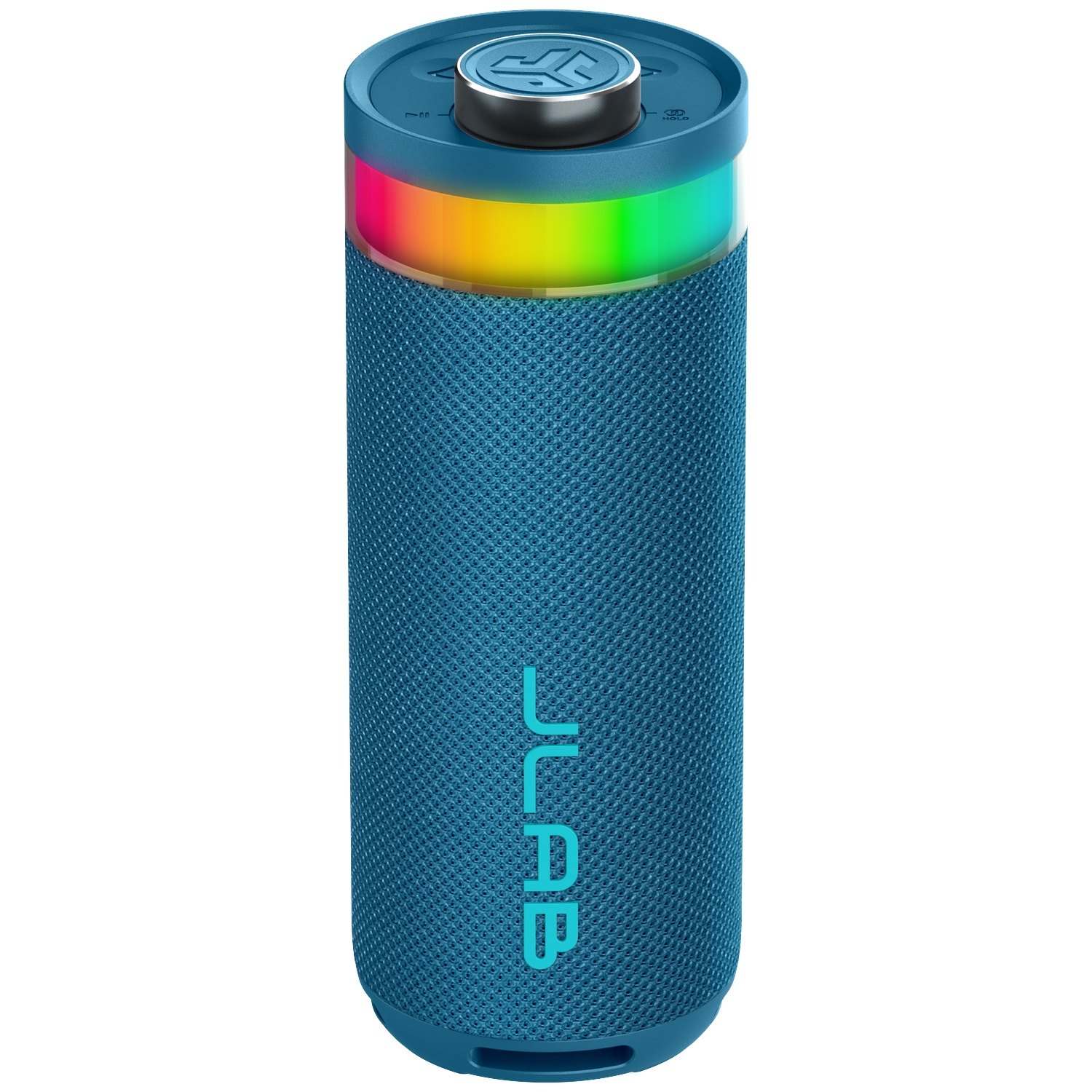 Een blauwe cilindrische luidspreker met een regenboog lichtring. De bovenkant heeft een metalen knop. Het JLab logo is zichtbaar.