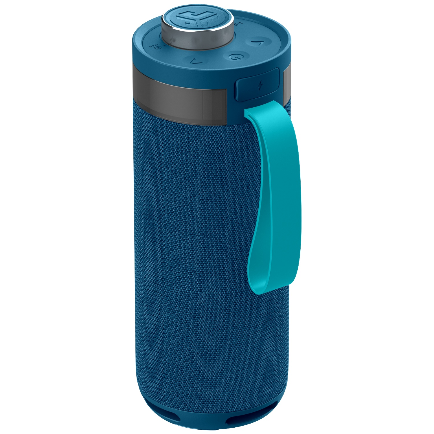 Een cilindrische blauwe speaker met een handvat. Het heeft knoppen aan de bovenkant en een zilveren ring. Het handvat is teal.