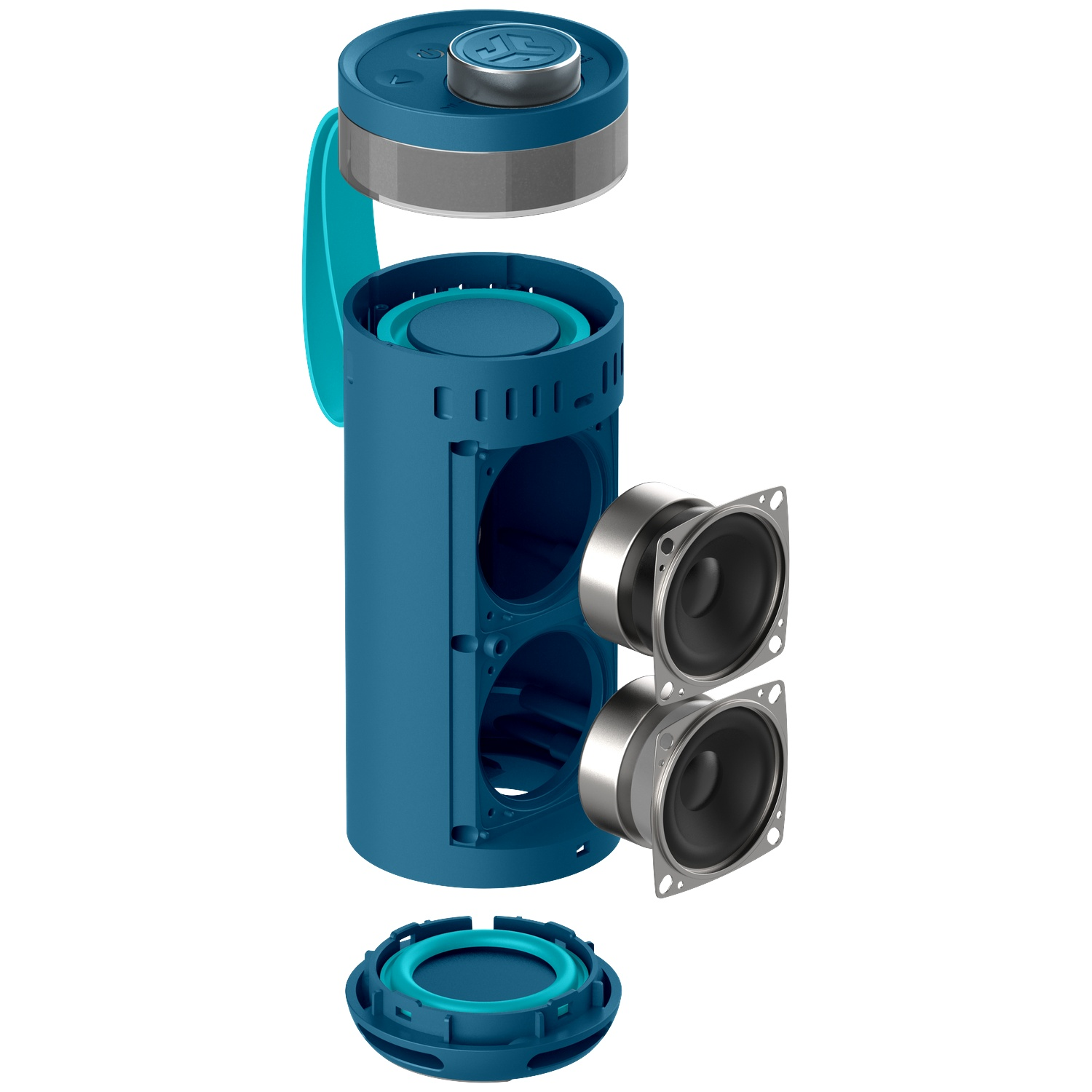 Ontplofte weergave van een blauw-grijze luidspreker. Componenten zijn een dop, behuizing met luidsprekergaten, twee luidsprekers en een onderste ring.