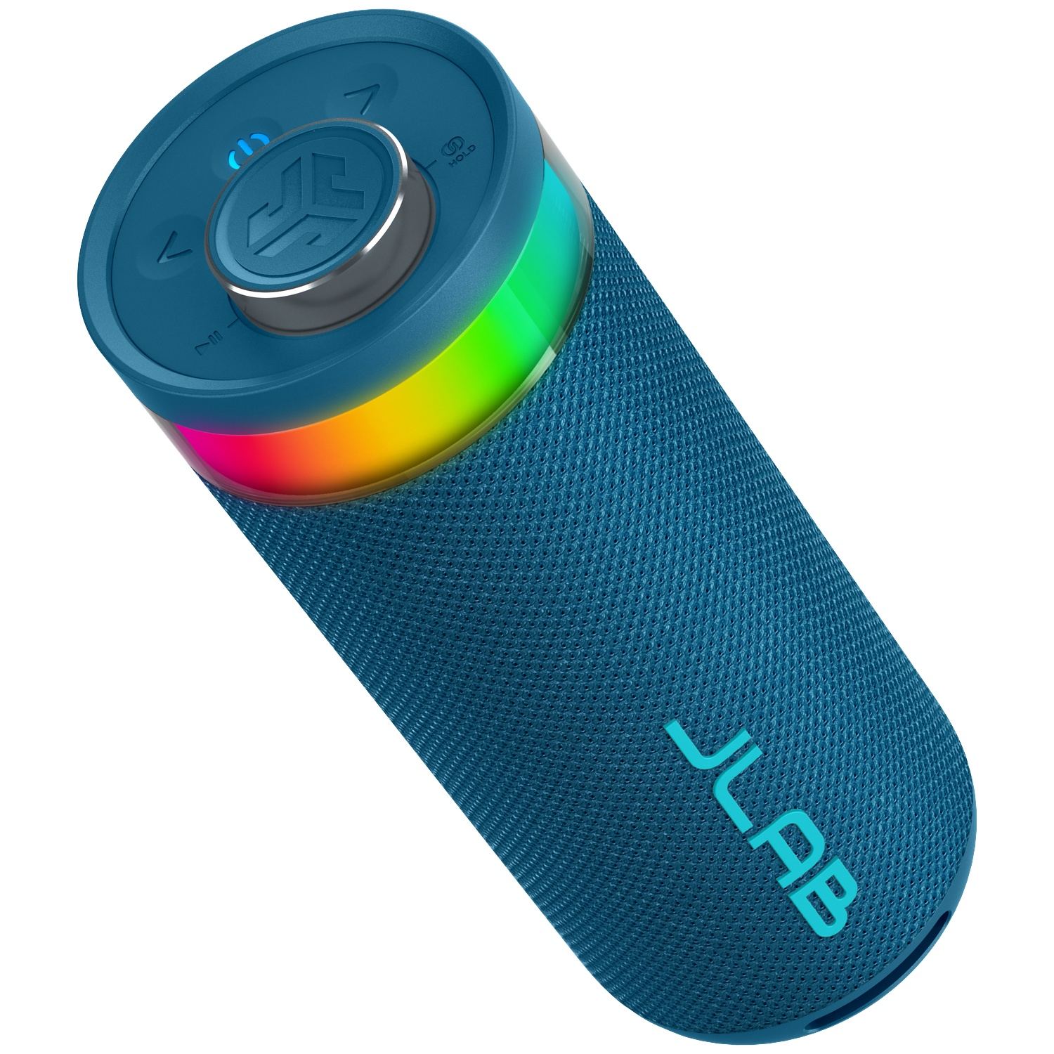 Blauwe cilindrische luidspreker met regenbooglichtring. Het heeft JLAb-branding. De bovenkant heeft bedieningselementen. Er zit een zilveren knop in het midden.